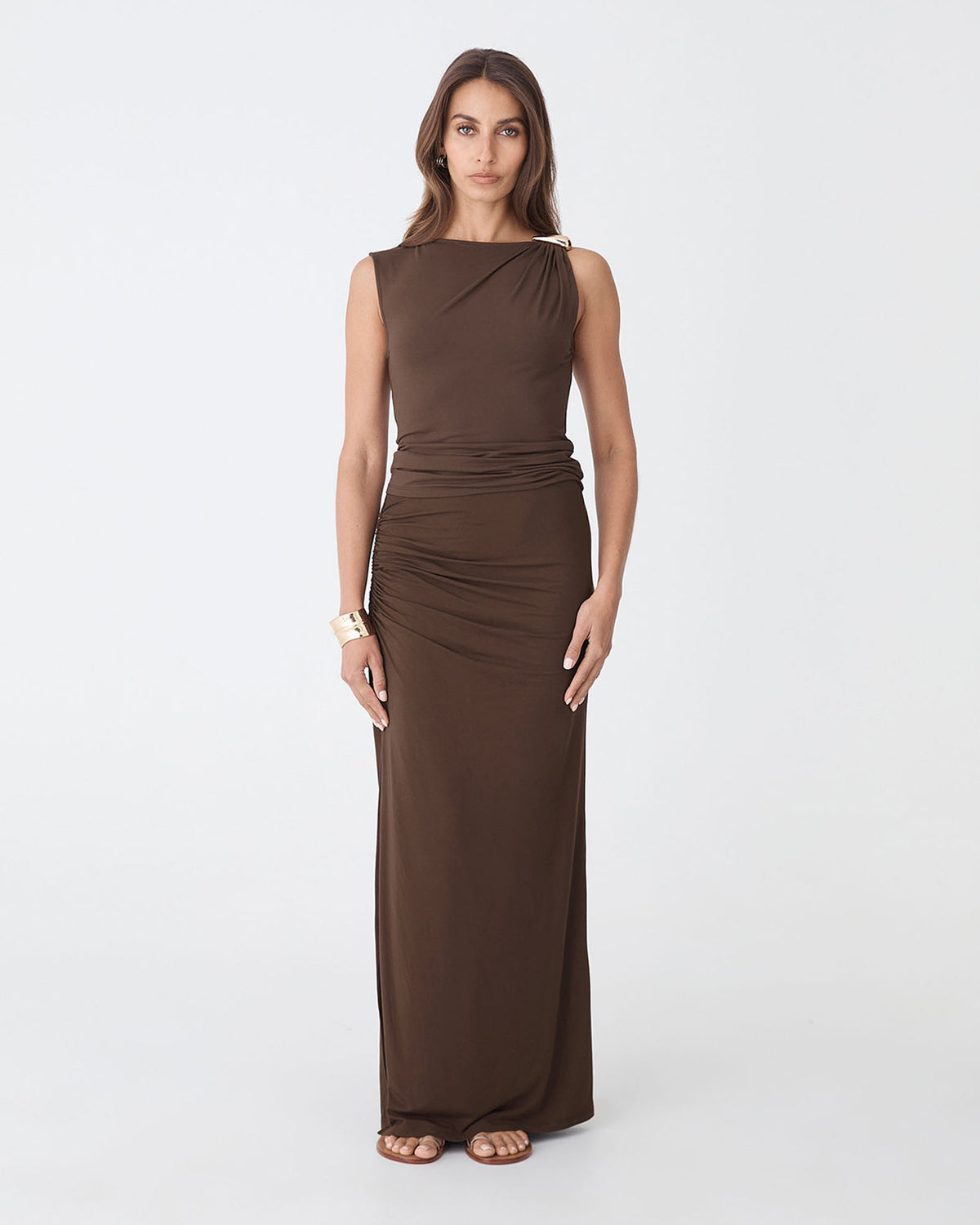 Kirsty Bamboo Ruched Top in espresso — full-length view