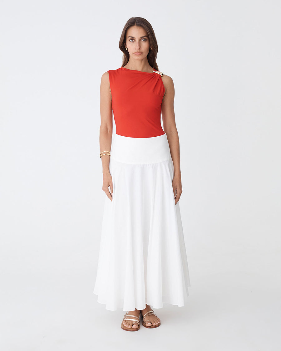 Kirsty Bamboo Ruched Top in vermillion — full-length view
