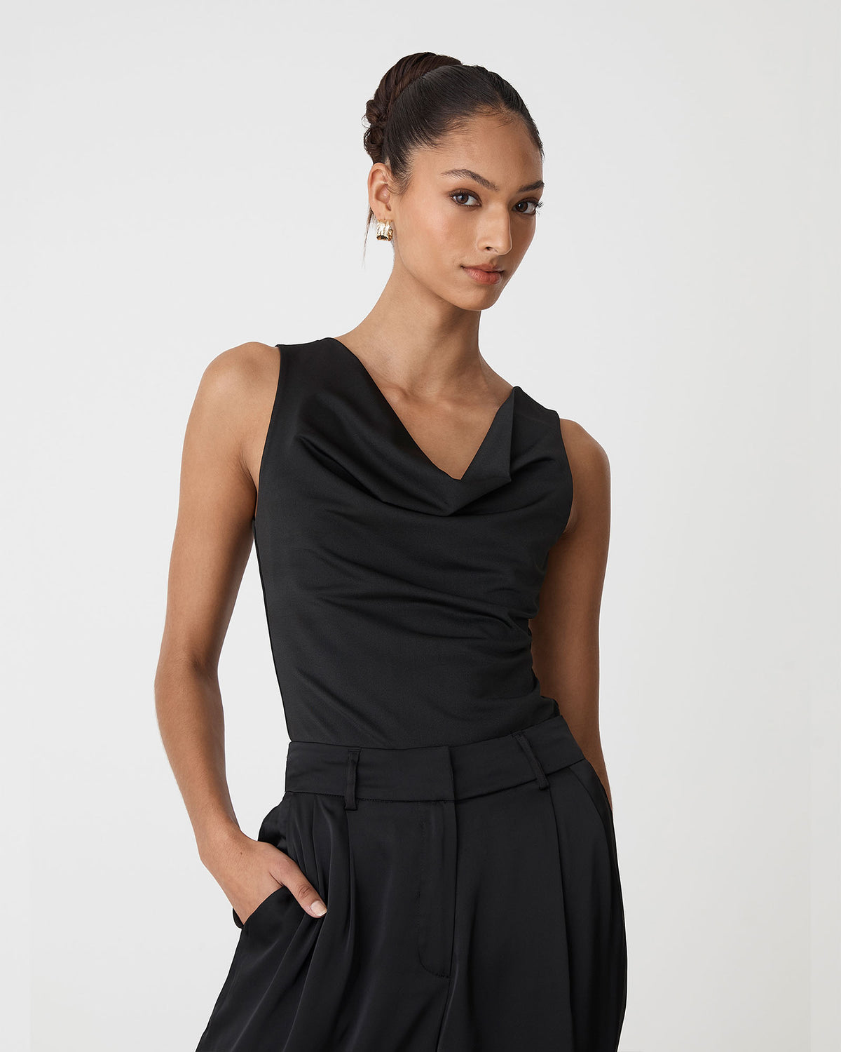 Sabrina Cowl Neck Top in black — close-up view