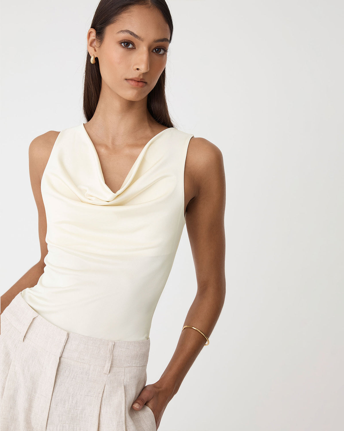 Sabrina Cowl Neck Top in butter — close-up view