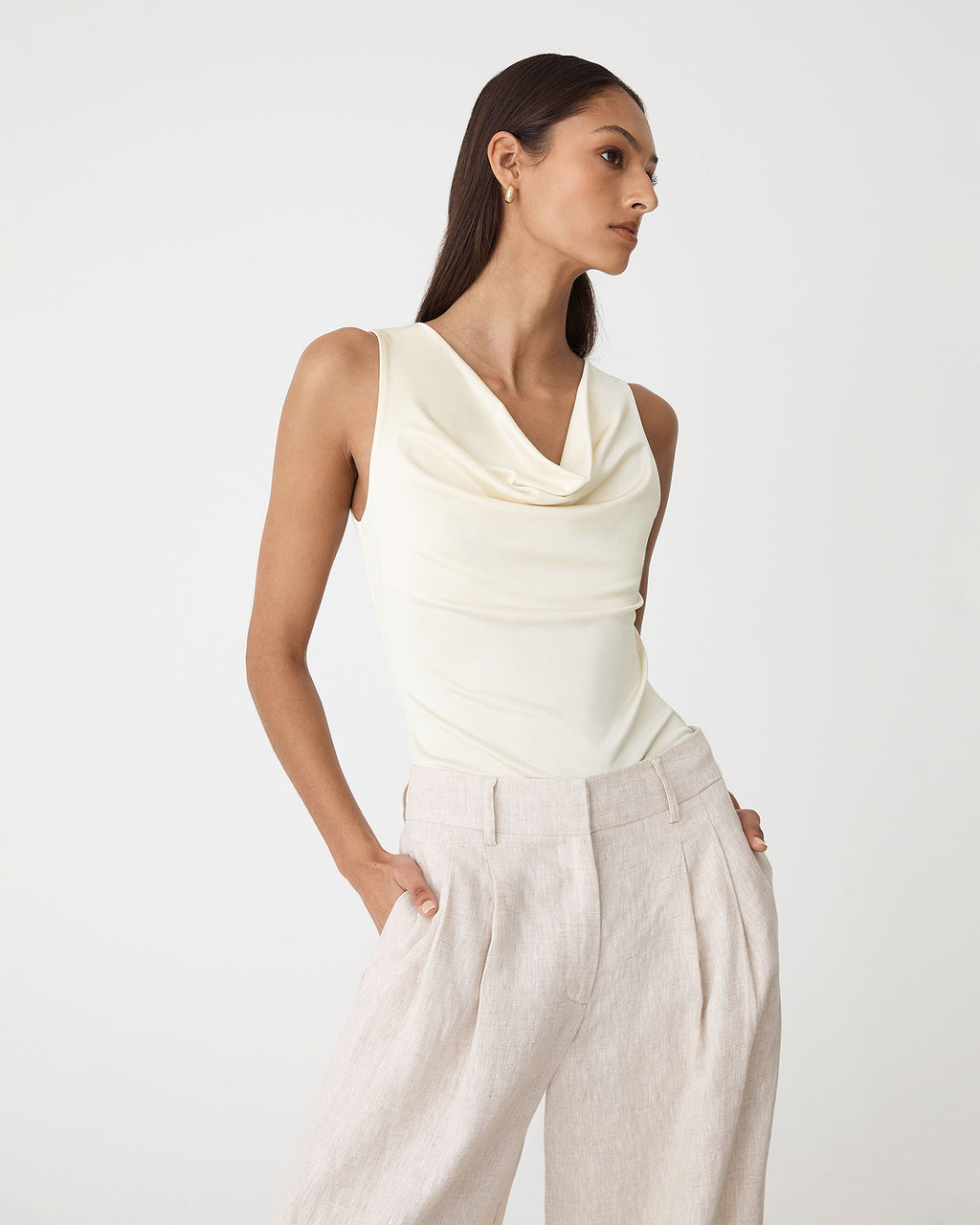 Sabrina Cowl Neck Top in butter — side view