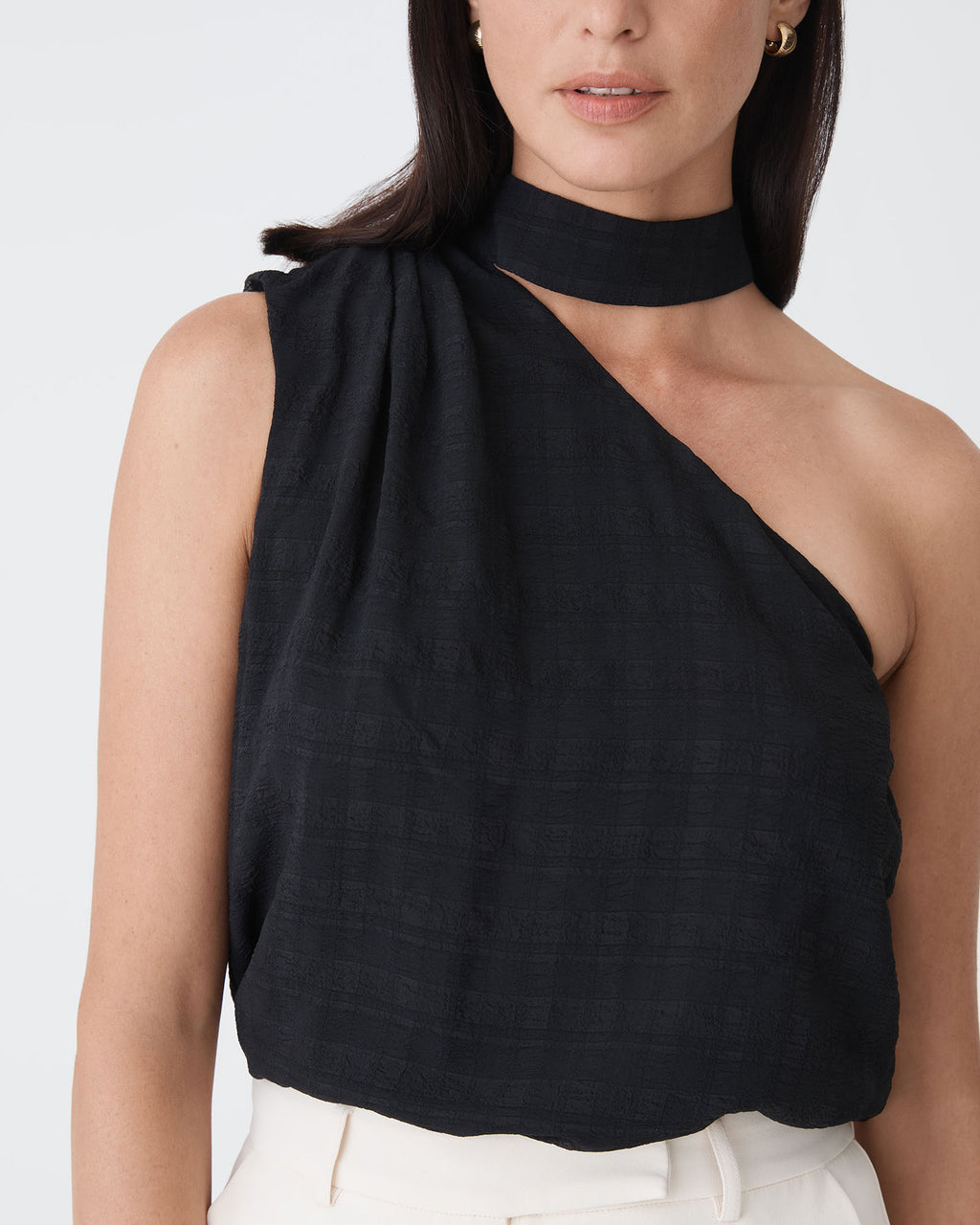 Ashlyn One Shoulder Top in black — fabric detail