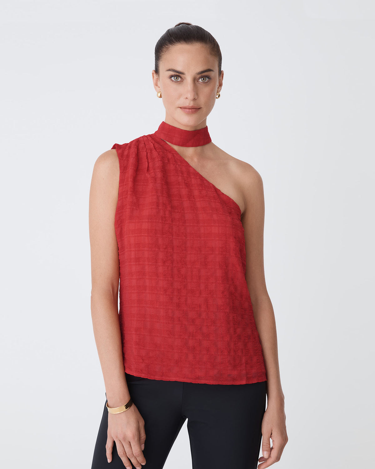 Ashlyn One Shoulder Top in red — close-up view