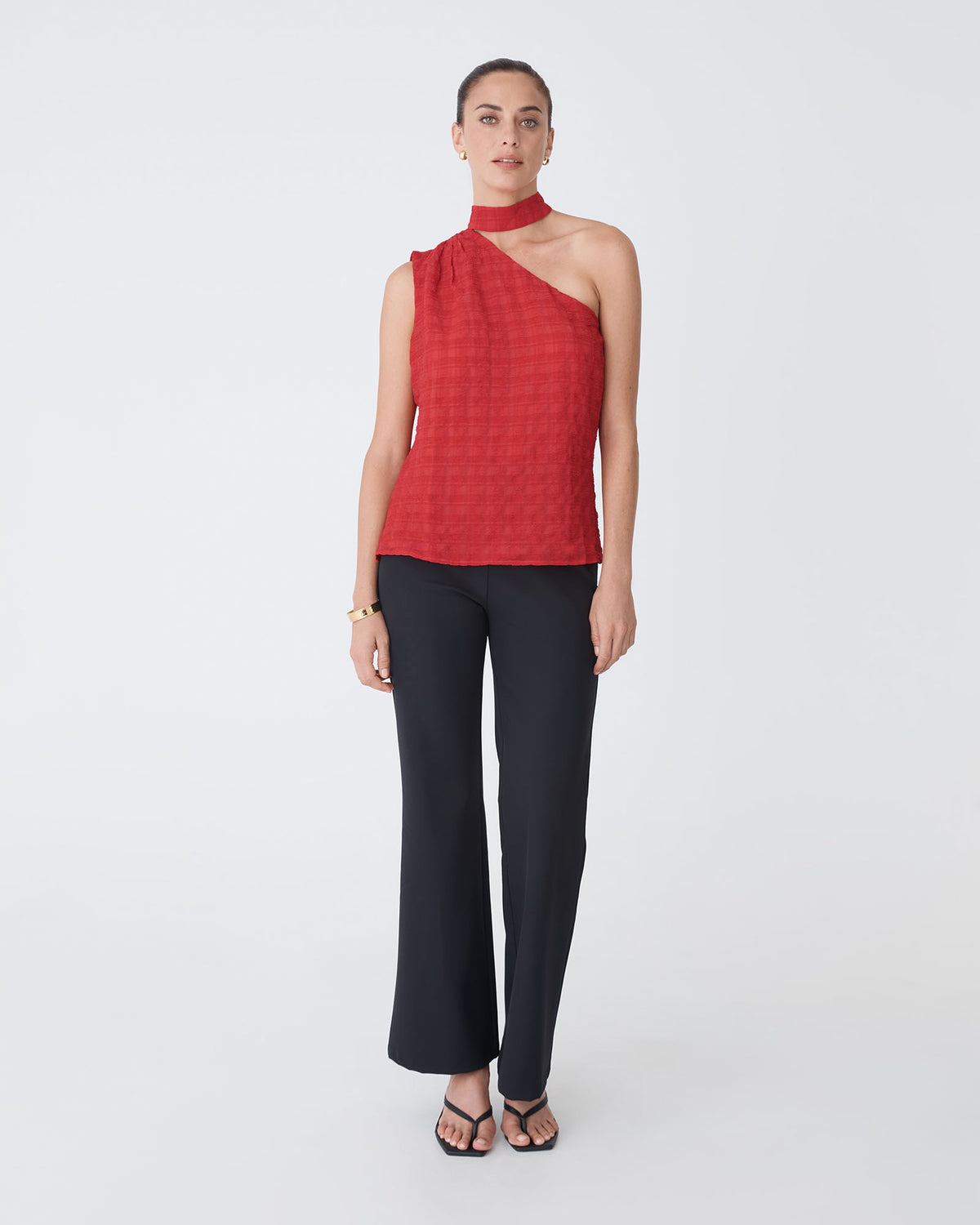 Ashlyn One Shoulder Top in red — full-length view