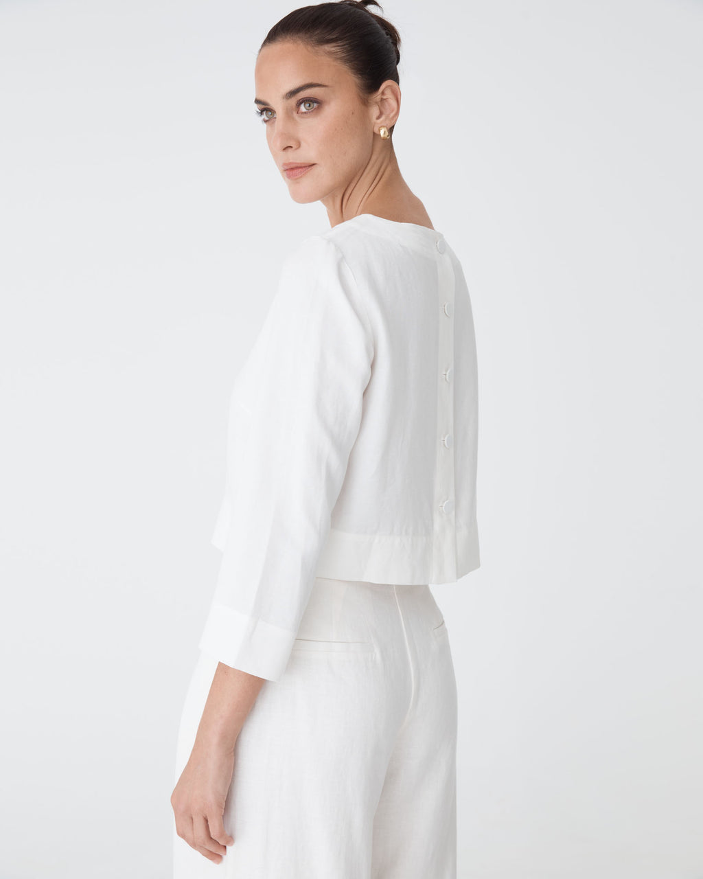 Emma Button Back Linen Top in white — back view
