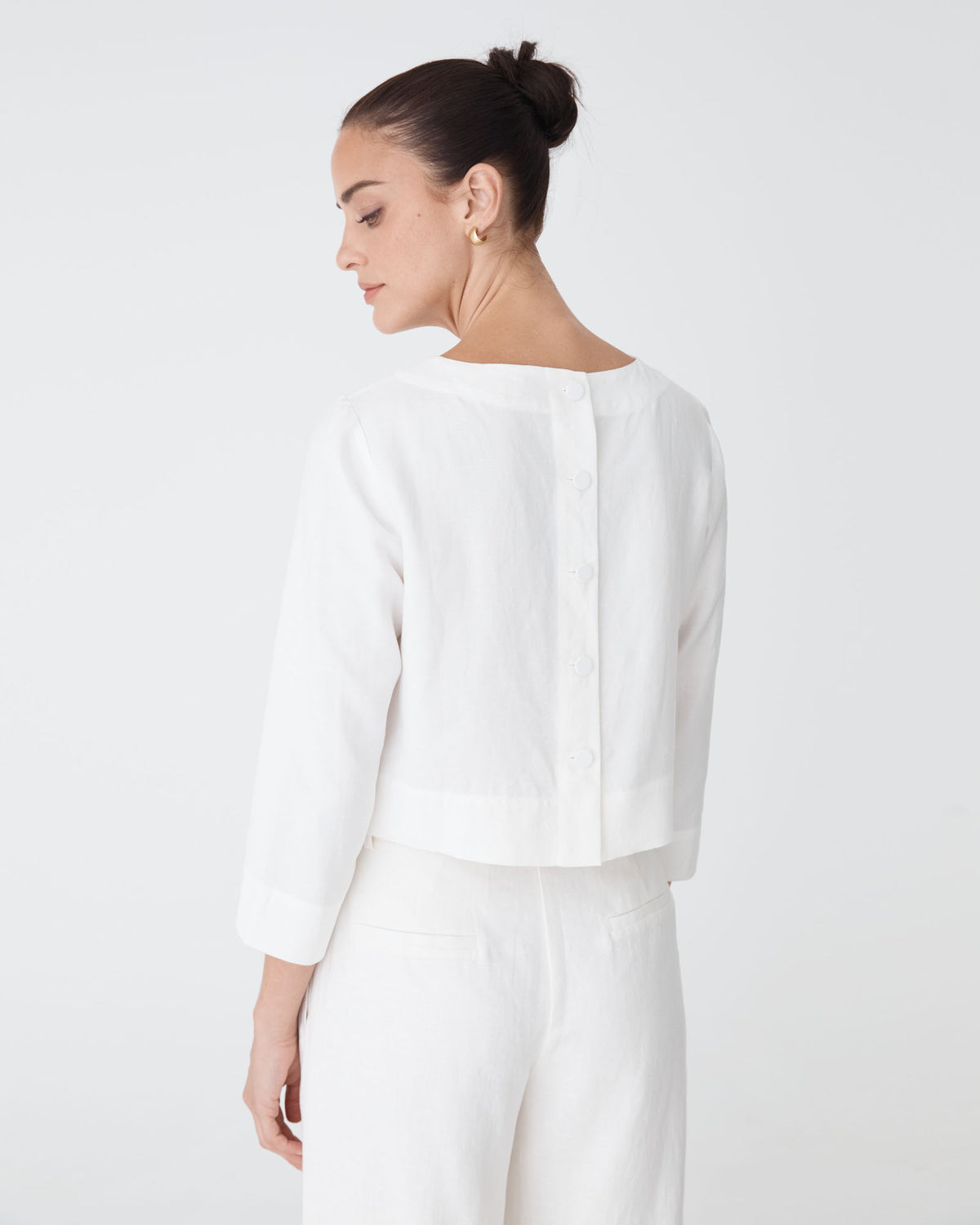 Emma Button Back Linen Top in white — back view 2