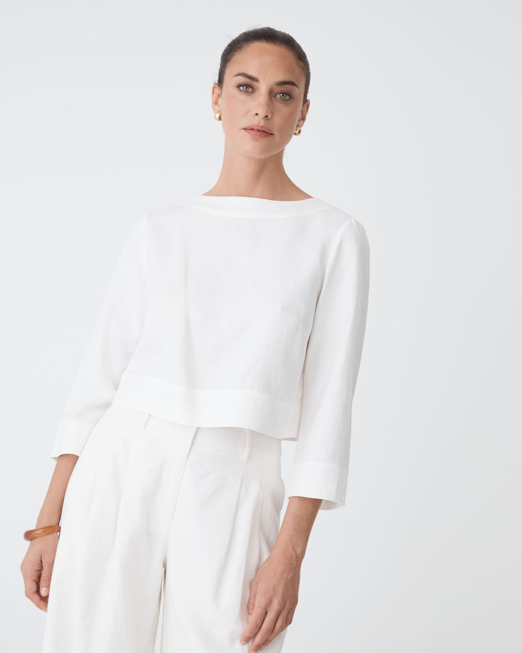 Emma Button Back Linen Top in white — close-up view