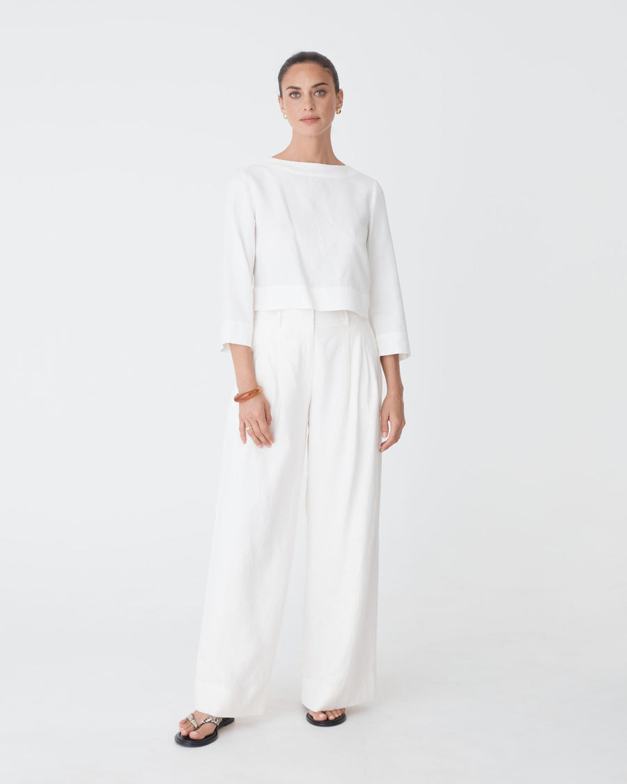 Emma Button Back Linen Top in white — full-length view