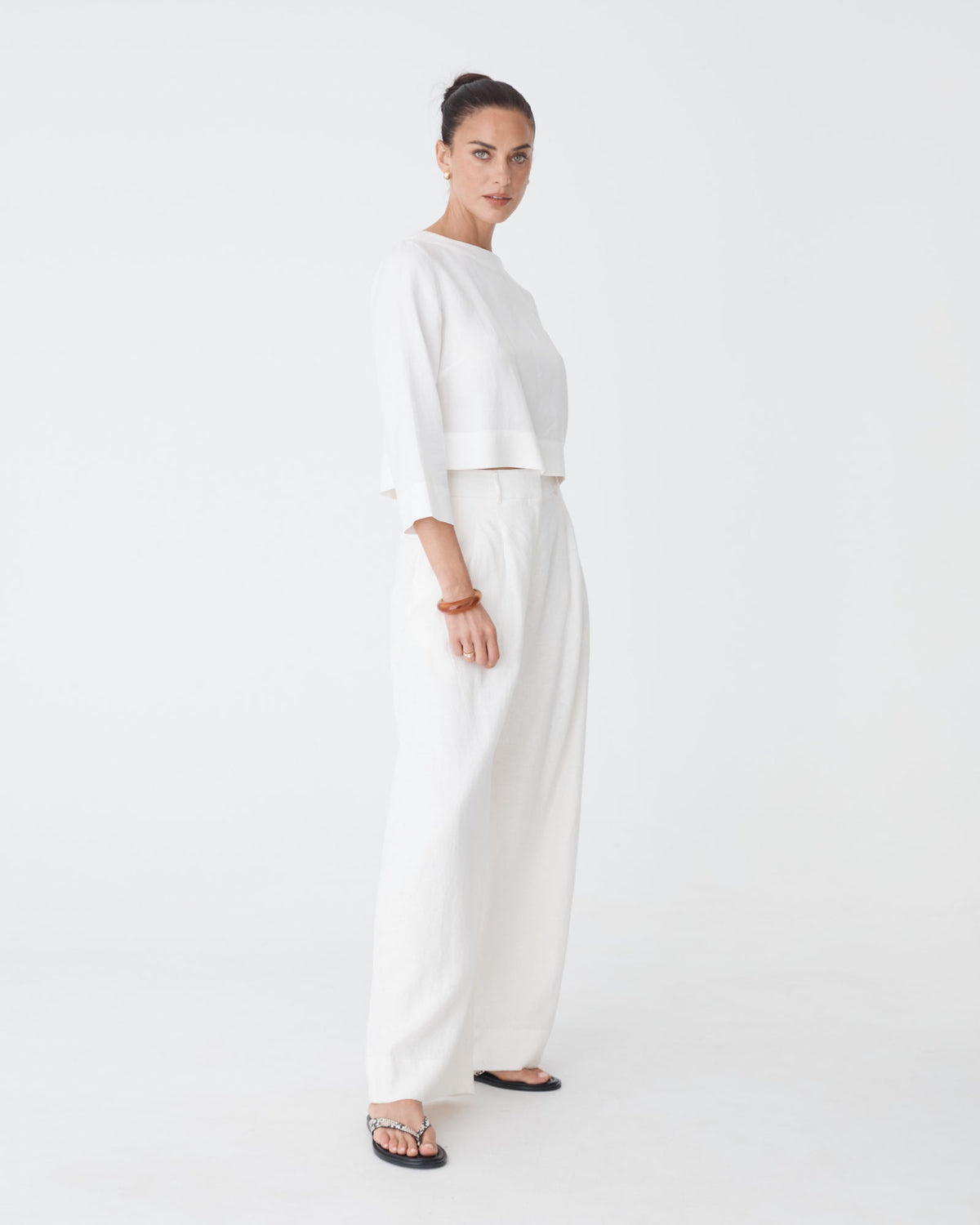 Emma Button Back Linen Top in white — side view