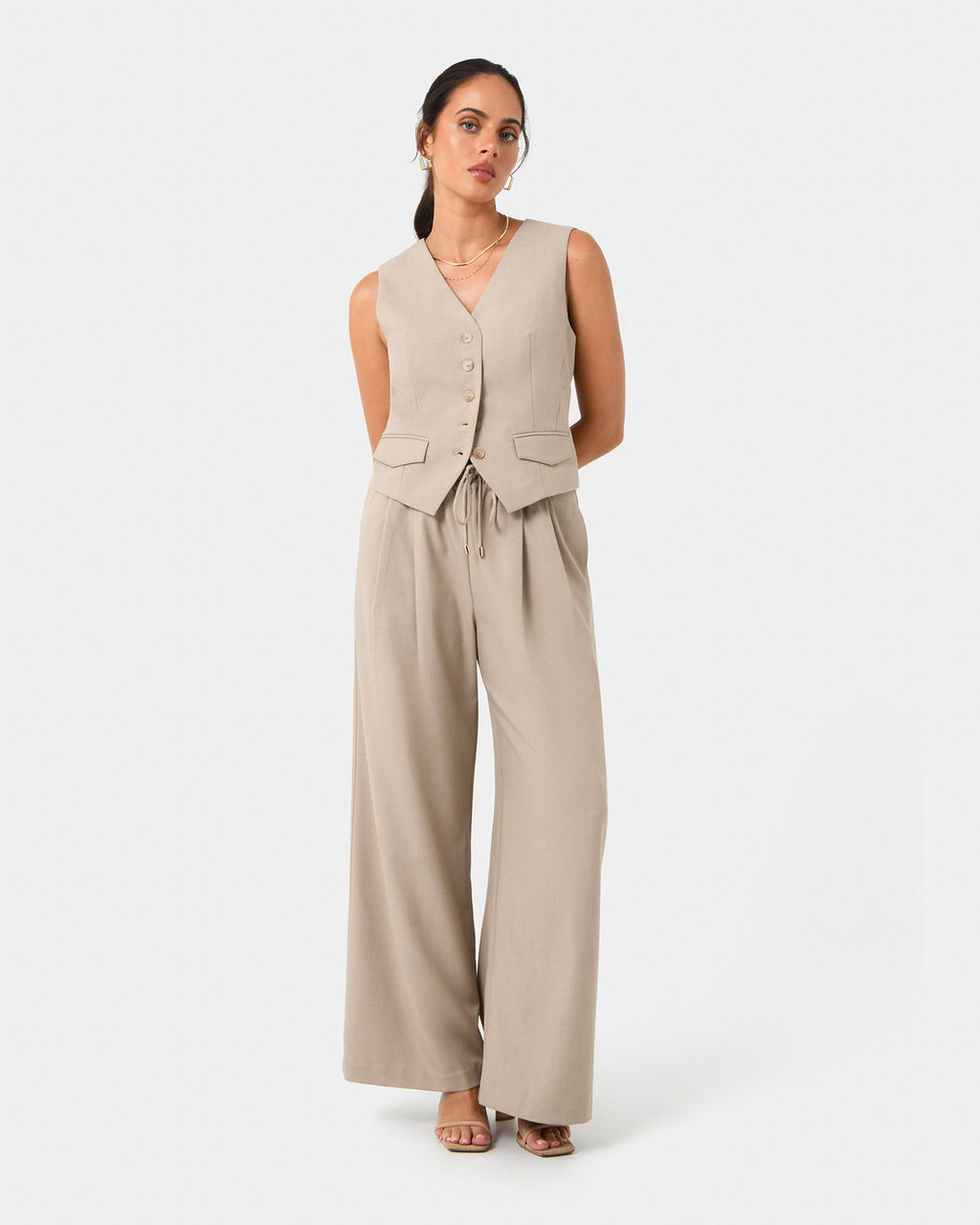 Abel Tailored Vest in sand — full-length view