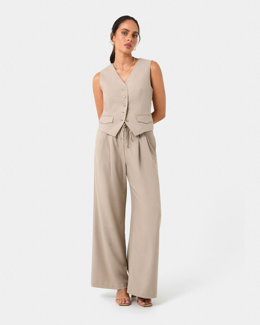 Abel Tailored Vest in sand — full-length view