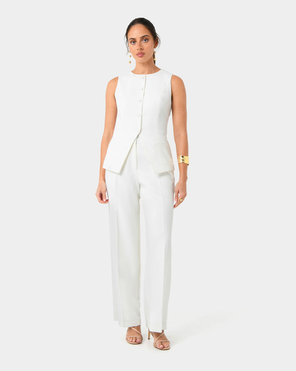 Nikki Longline Vest in ivory — full-length view