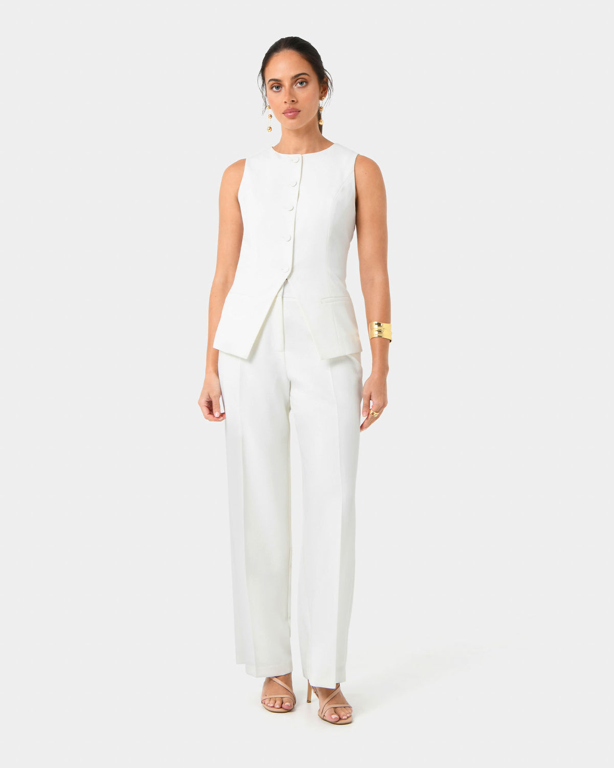 Nikki Longline Vest in ivory — full-length view