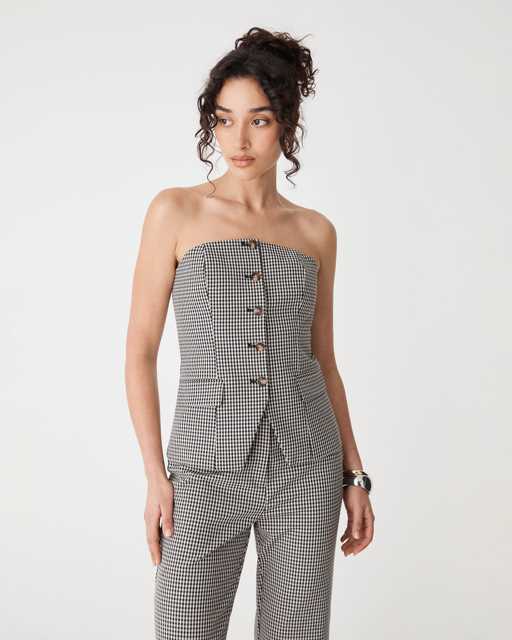 Flynn Button Up Bodice in beige check — close-up view