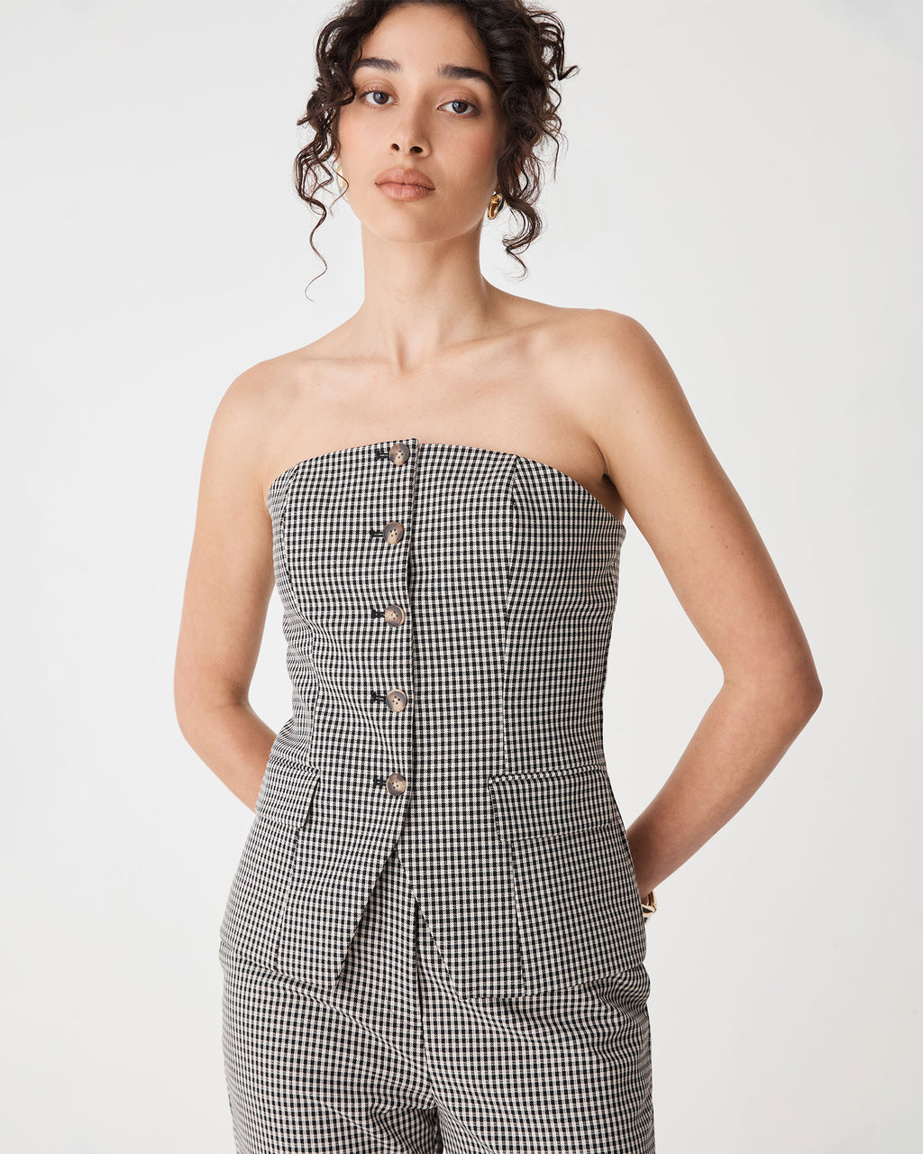 Flynn Button Up Bodice in beige check — close-up view 3