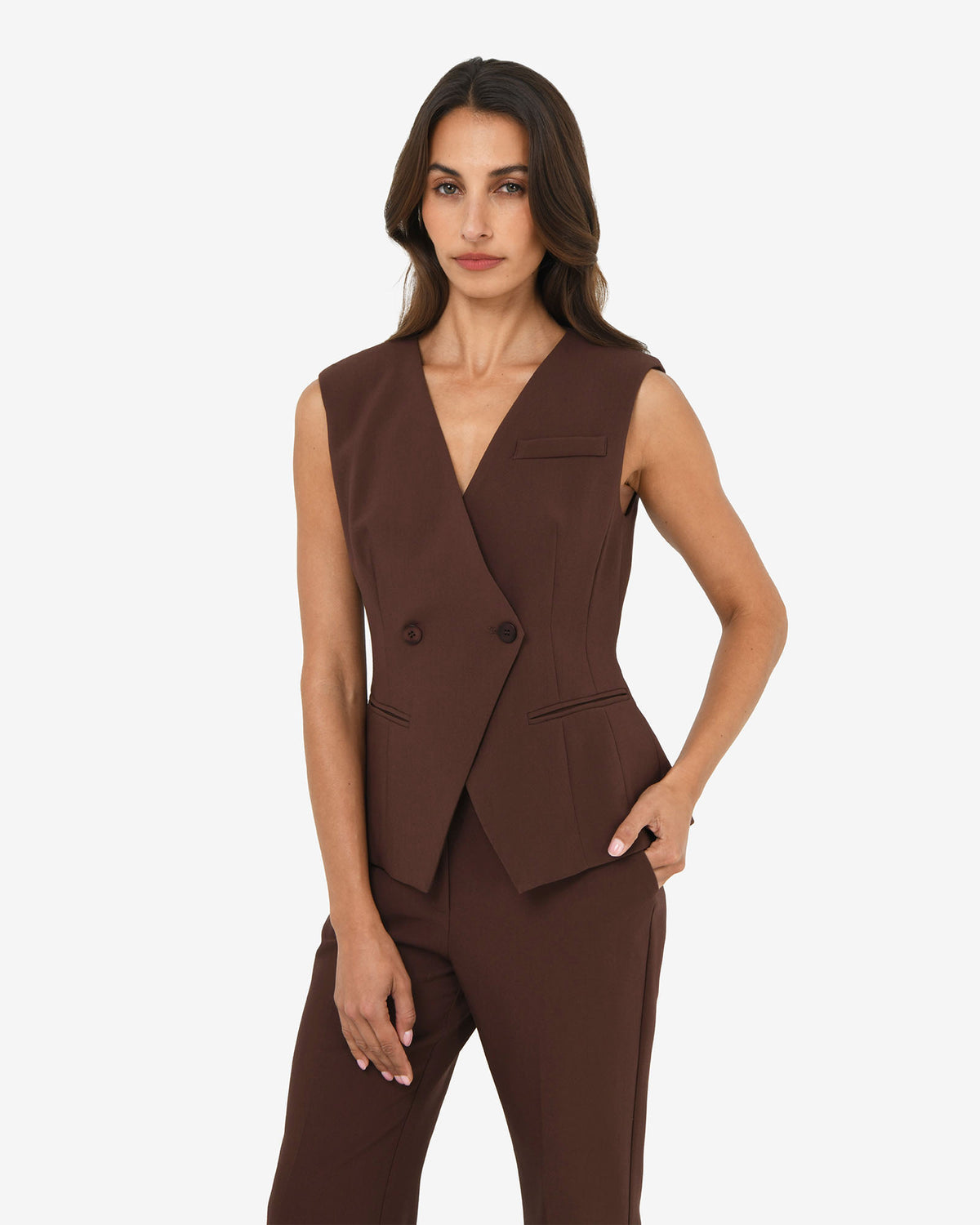 Nikki Collarless Vest in brown — close-up view