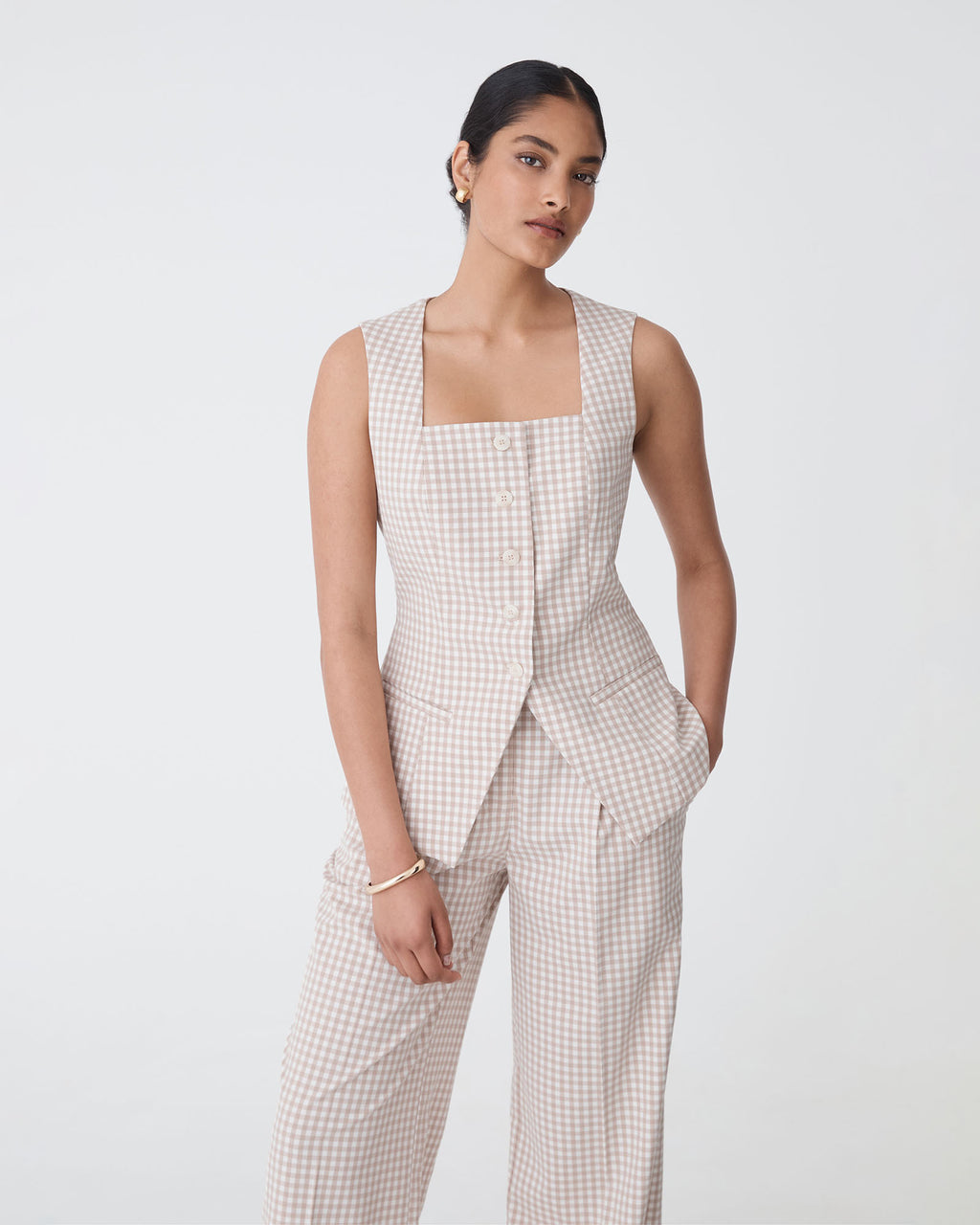 Koora Square Neck Vest in beige check — close-up view