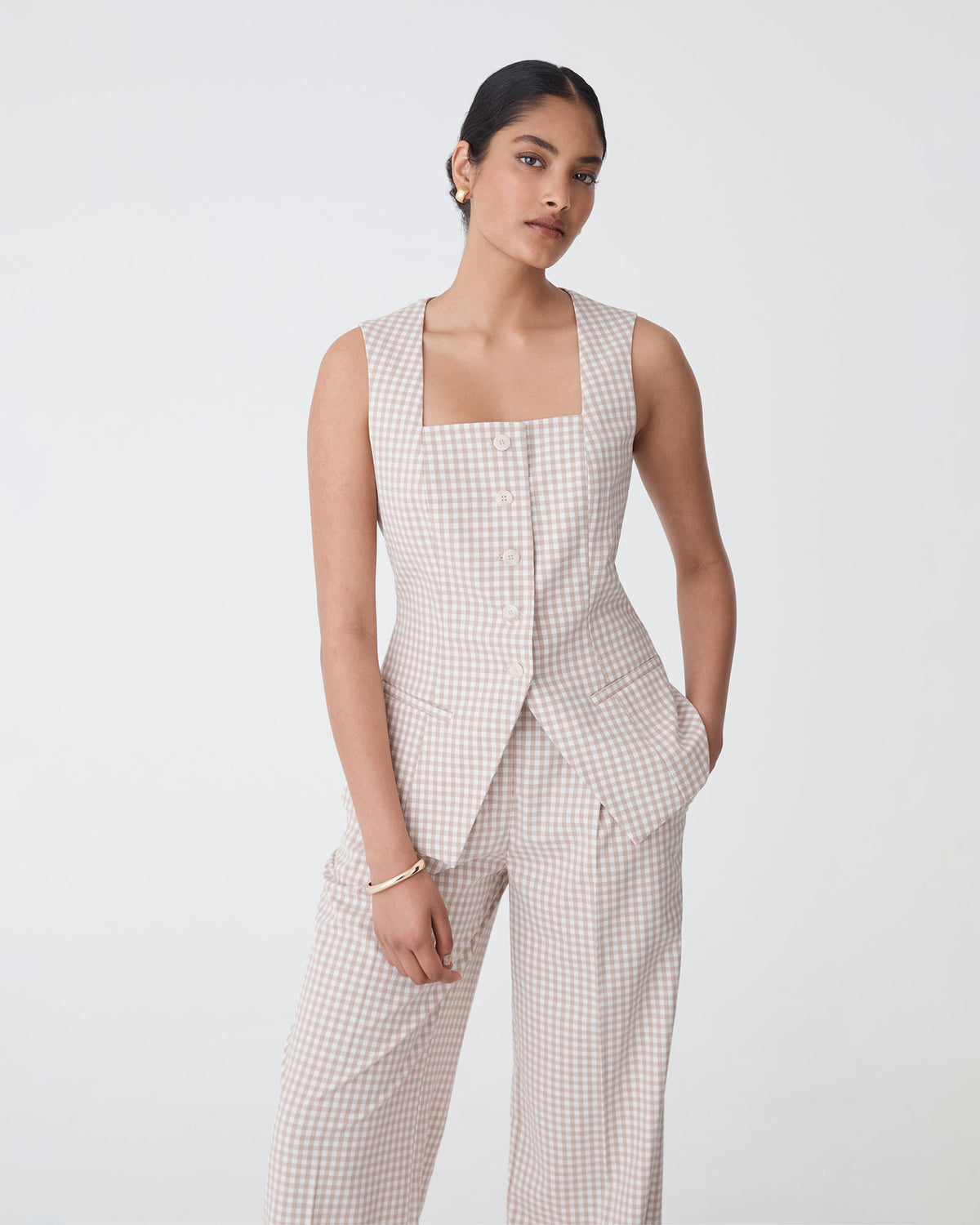 Koora Square Neck Vest in beige check — close-up view