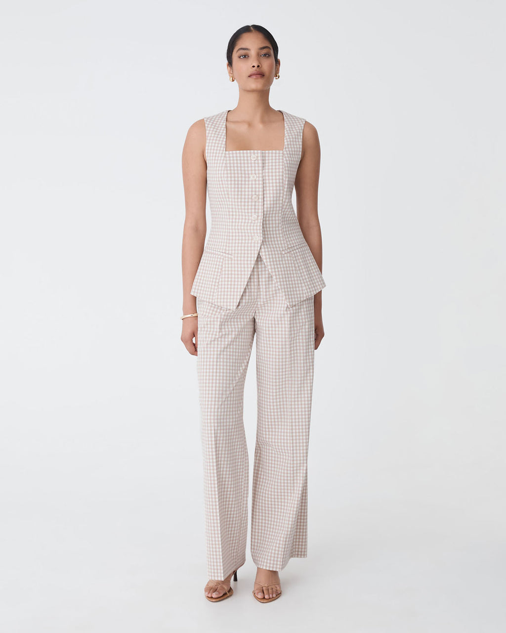 Koora Square Neck Vest in beige check — full-length view