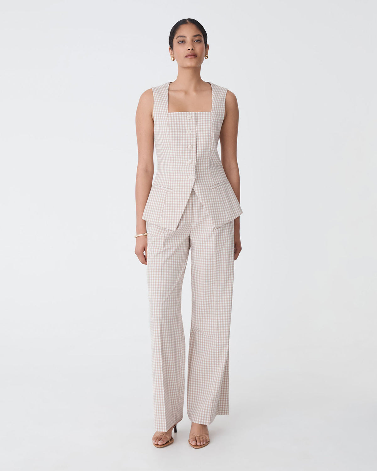 Koora Square Neck Vest in beige check — full-length view