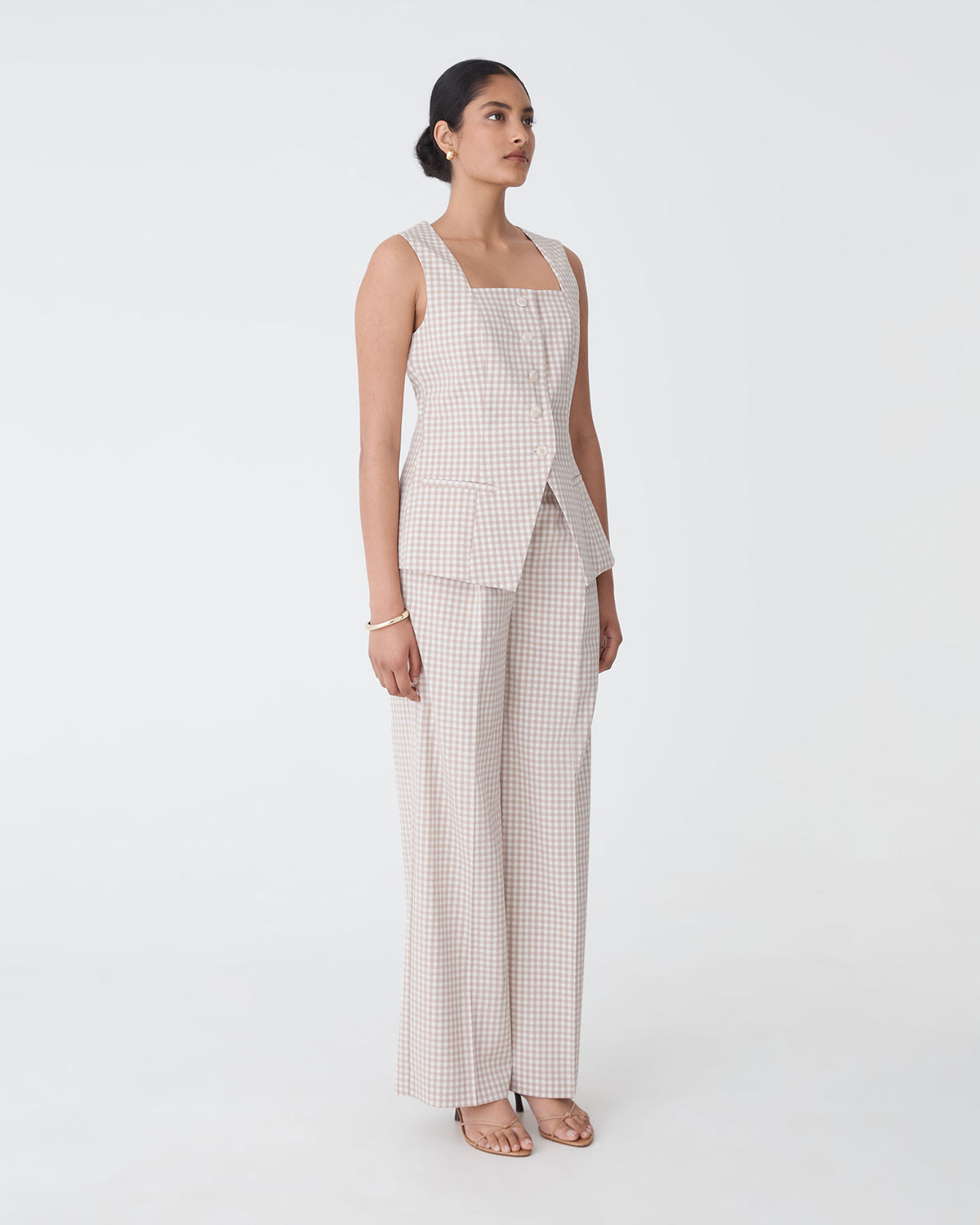 Koora Square Neck Vest in beige check — side view