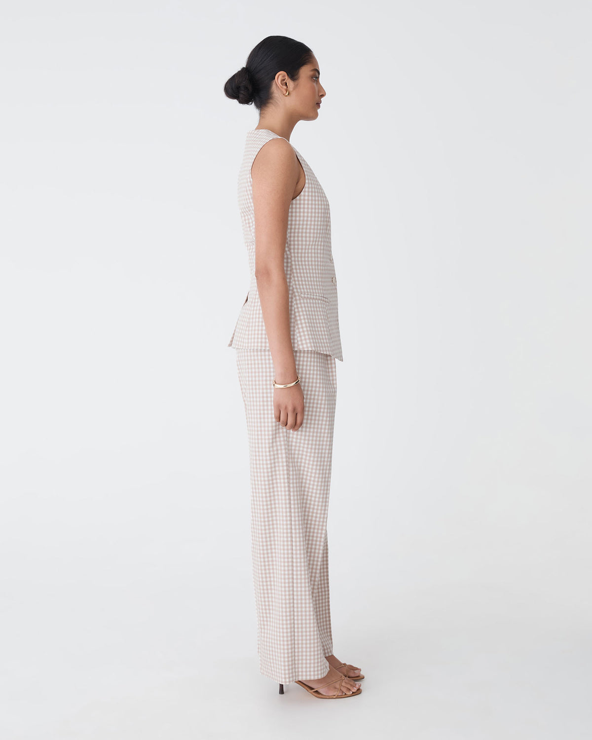 Koora Square Neck Vest in beige check — side view 2