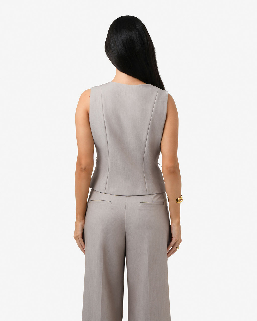 Fitzroy Belted Vest in oyster beige — back view
