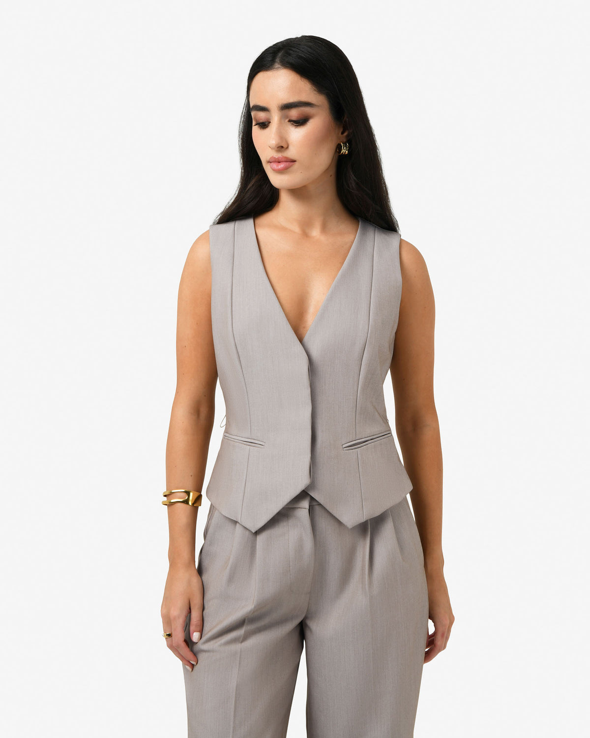 Fitzroy Belted Vest in oyster beige — close-up view