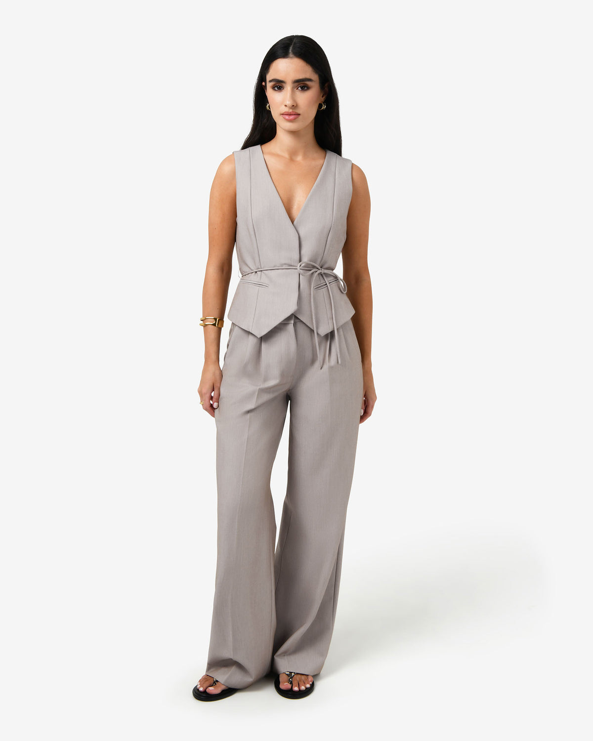 Fitzroy Belted Vest in oyster beige — full-length view