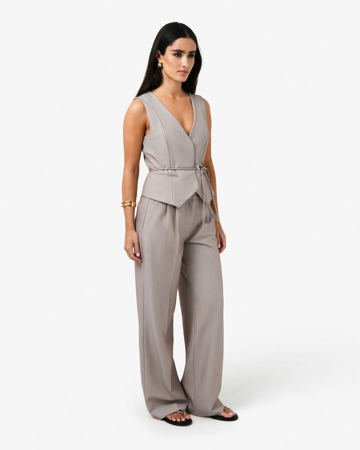 Fitzroy Belted Vest in oyster beige — side view