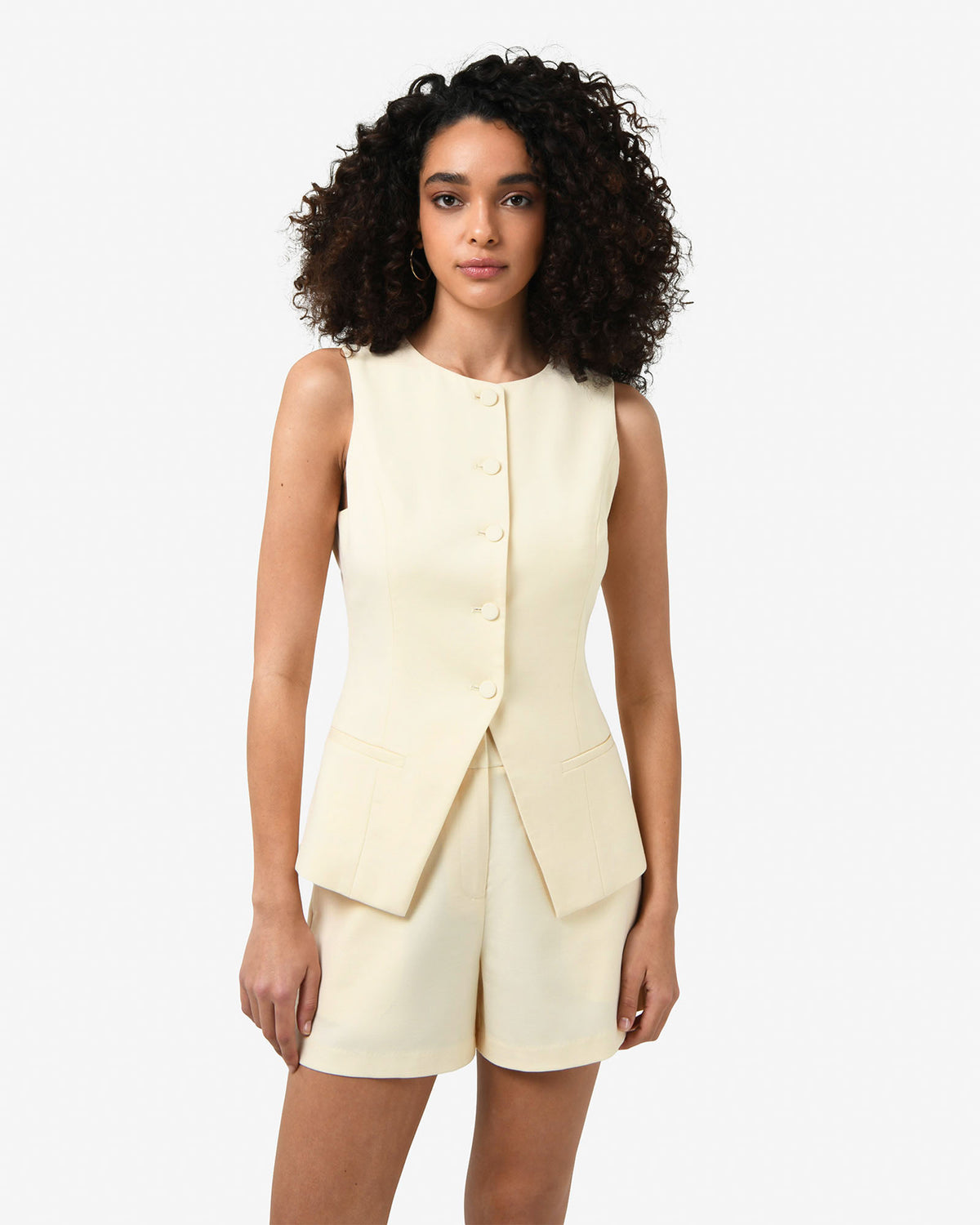 Rylan Longline Button Vest in butter — close-up view