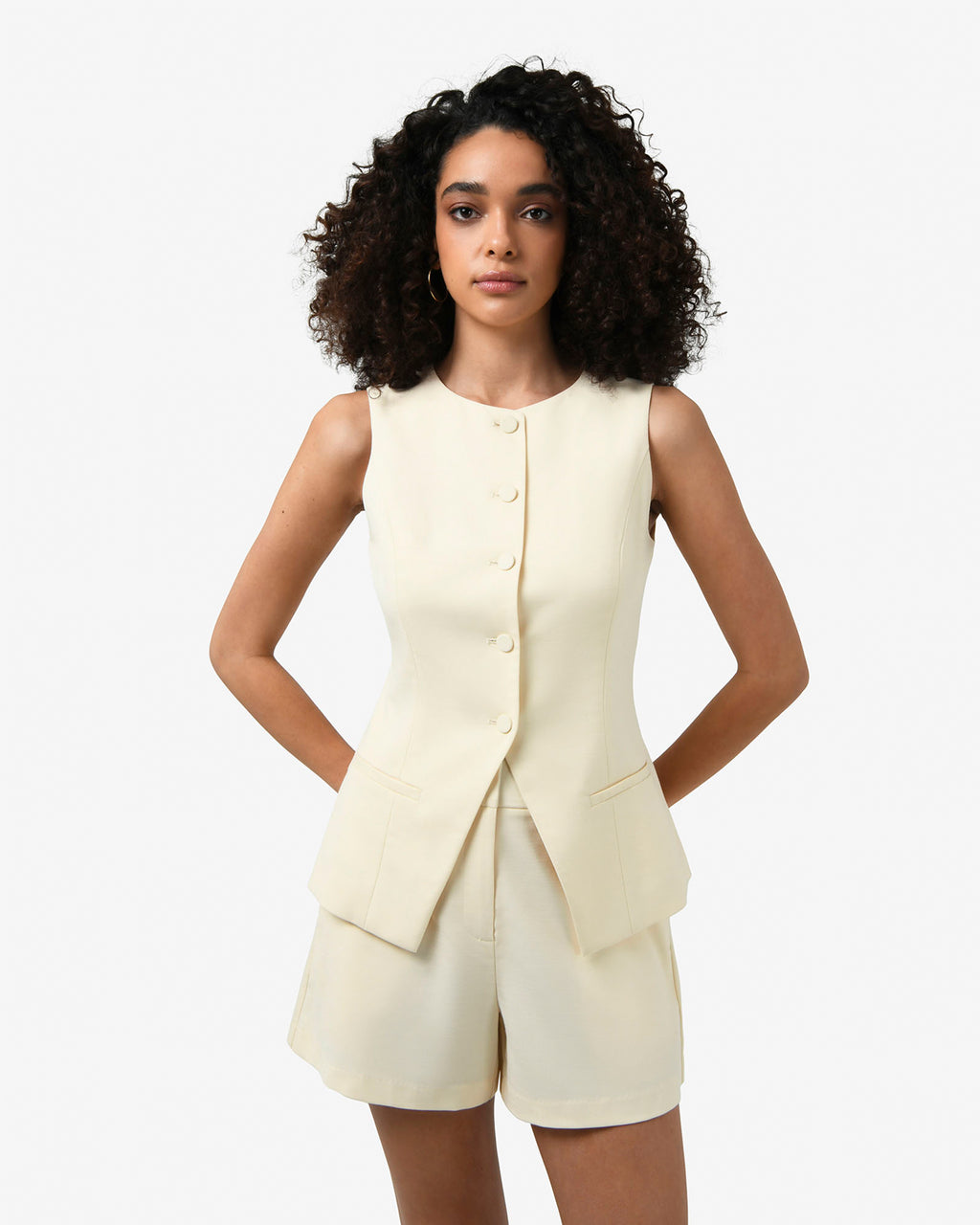 Rylan Longline Button Vest in butter — close-up view 2