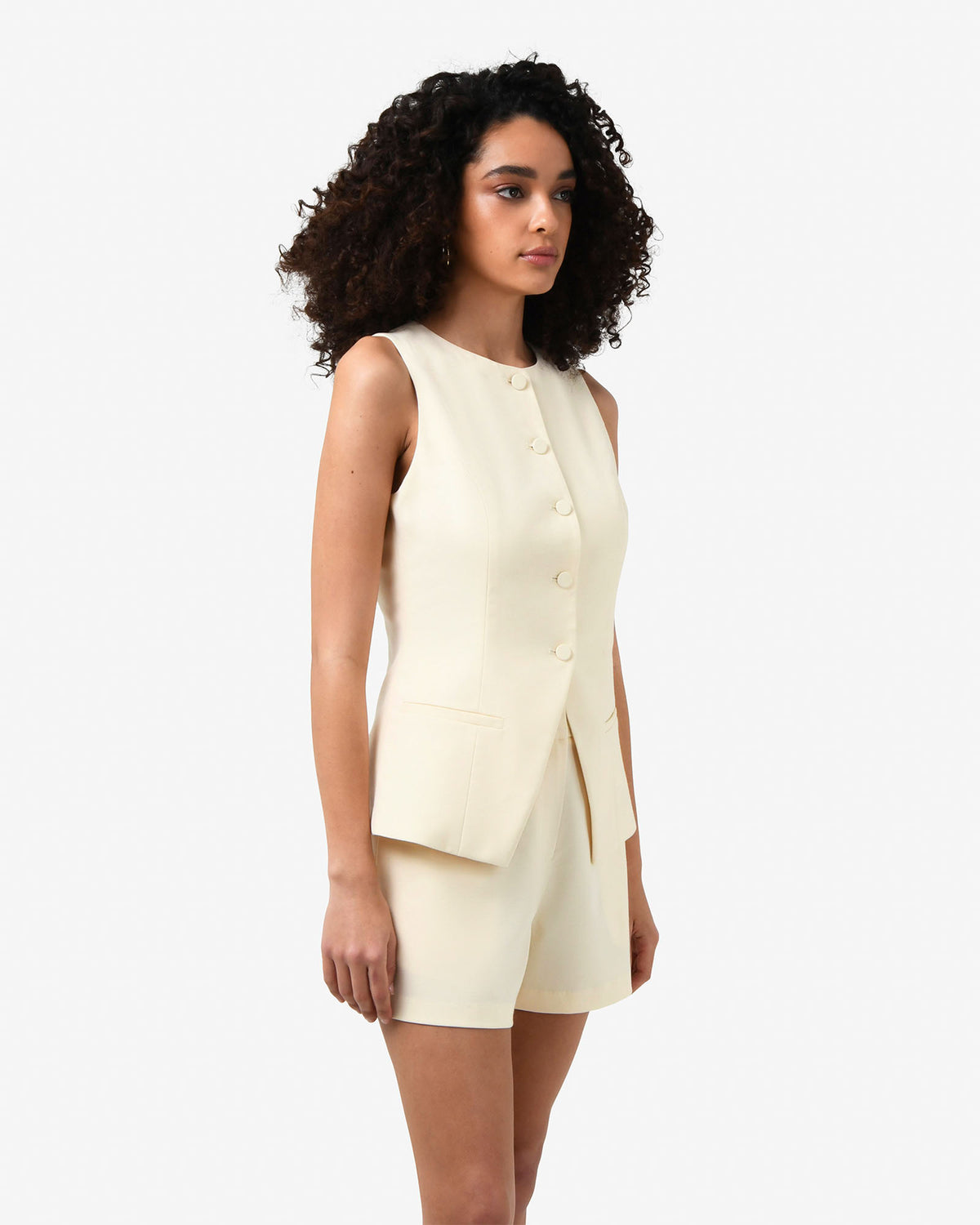 Rylan Longline Button Vest in butter — side view