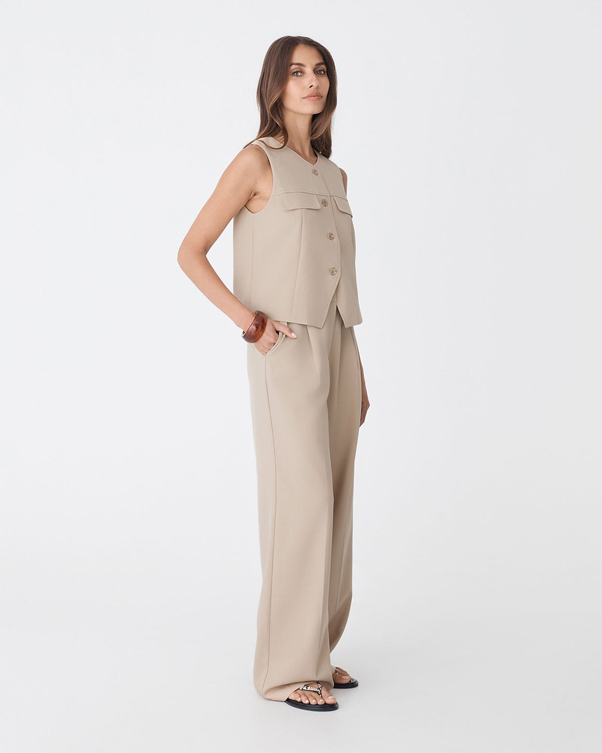 Abel Relaxed Pocket Vest in oat — side view