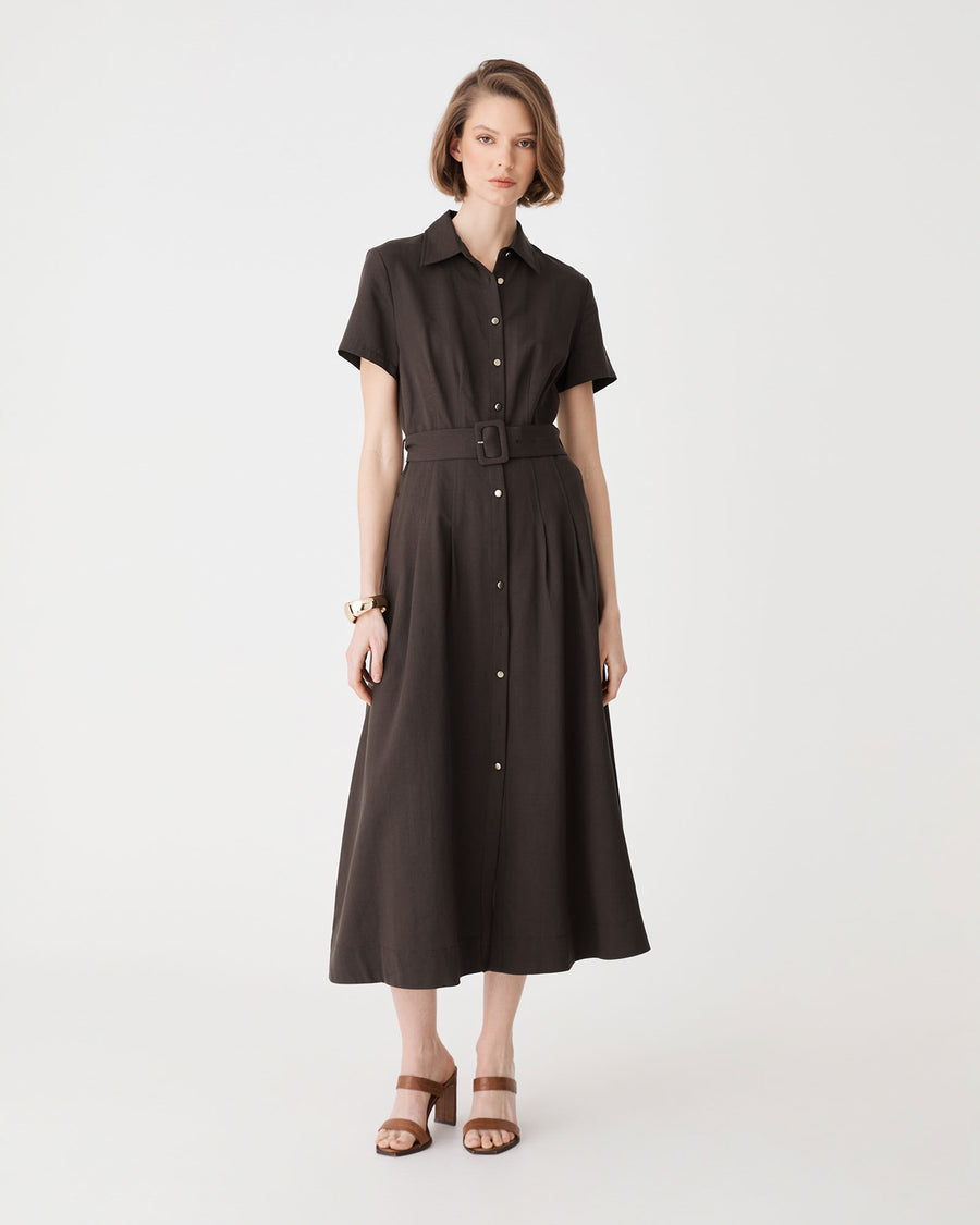 Ebony Tencel Cupro Shirt Dress in dark truffle — full-length view
