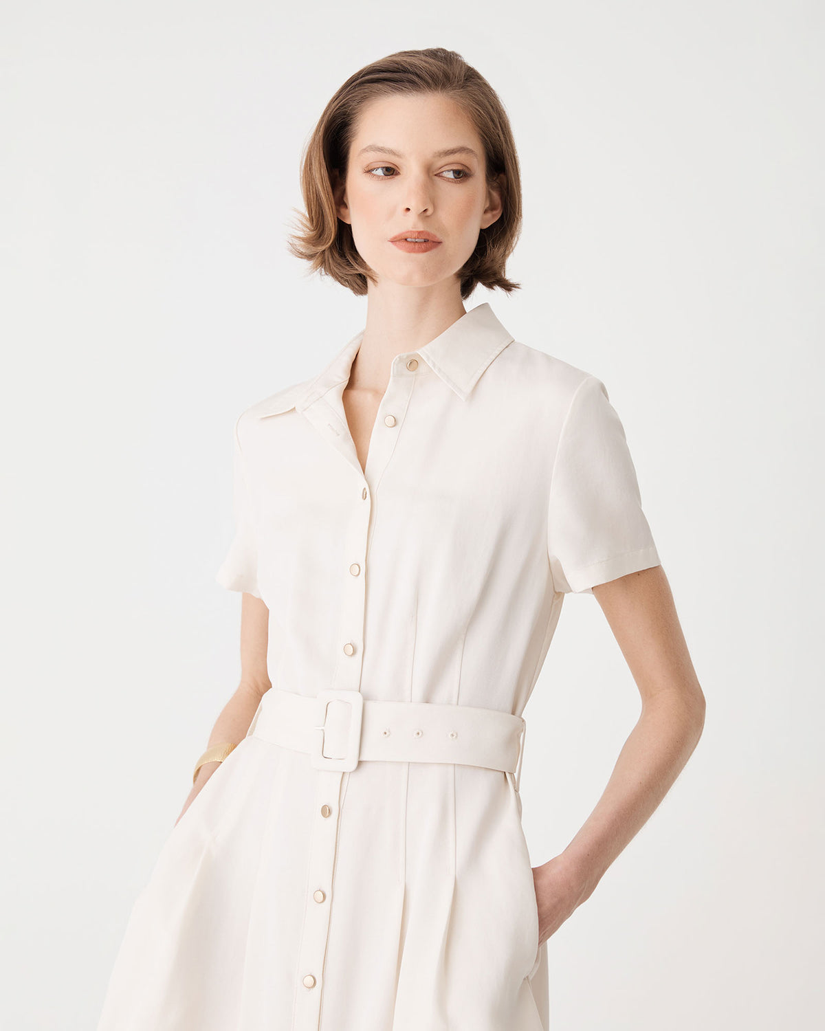 Ebony Tencel Cupro Shirt Dress in ivory — fabric detail