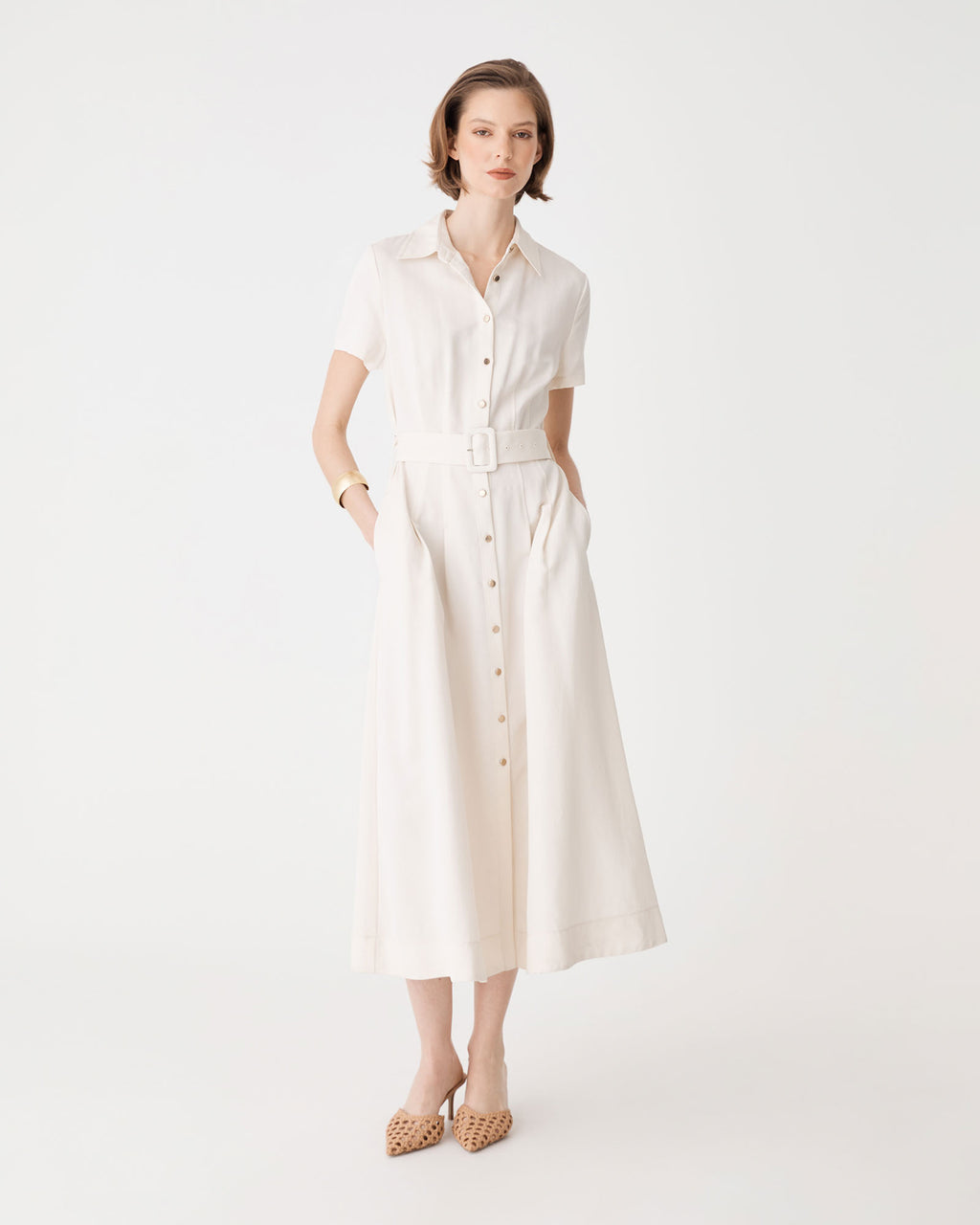 Ebony Tencel Cupro Shirt Dress in ivory — full-length view 2