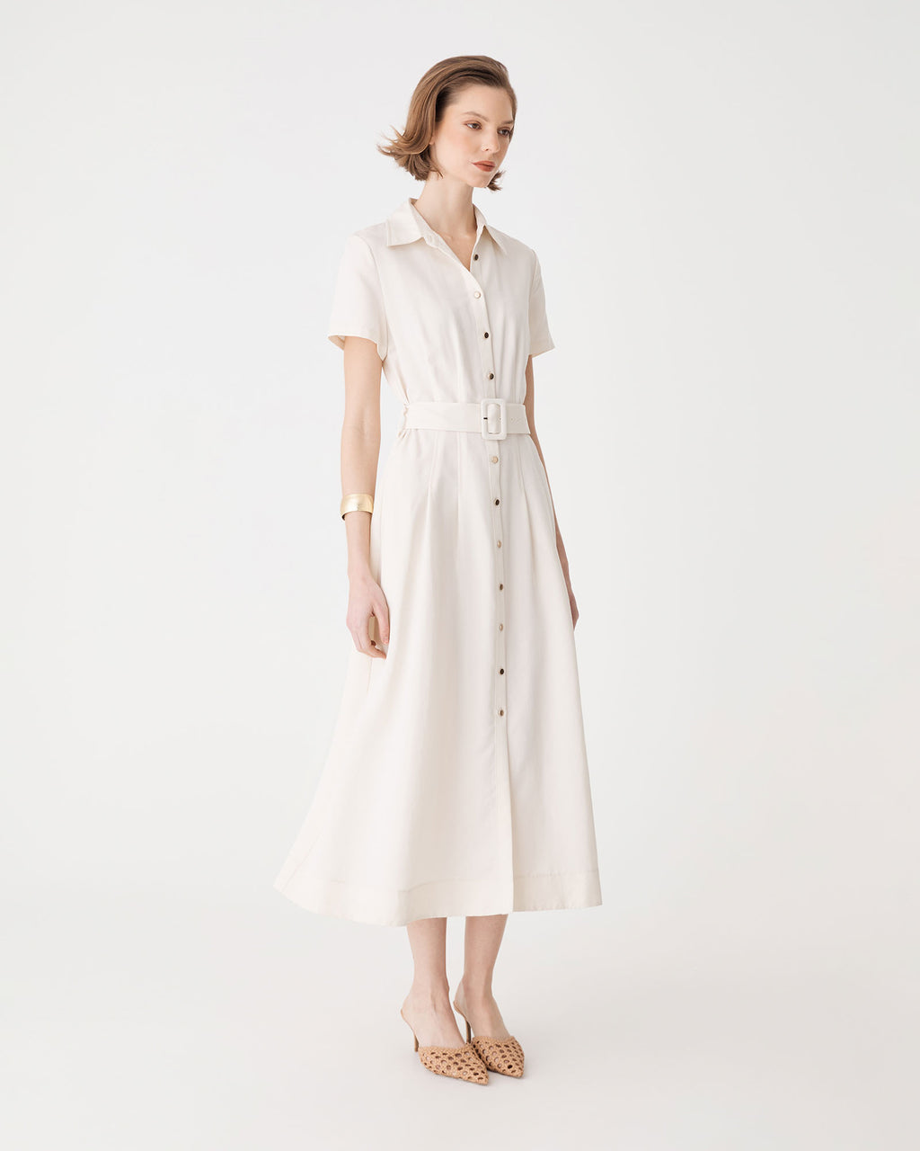 Ebony Tencel Cupro Shirt Dress in ivory — side view