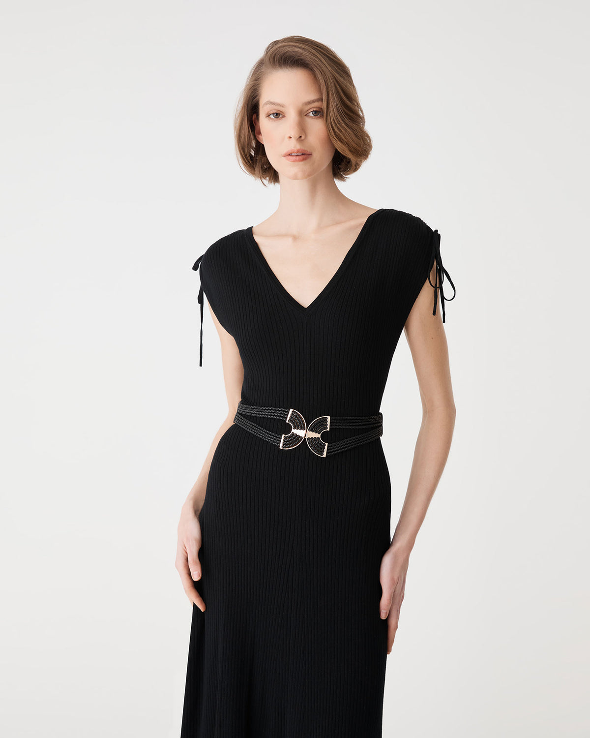 Briony Lyocell Rib Knit Dress in black — fabric detail
