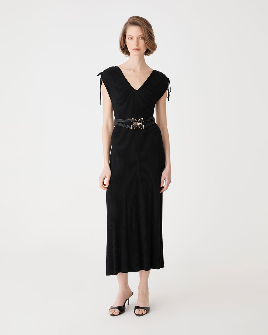 Briony Lyocell Rib Knit Dress in black — full-length view