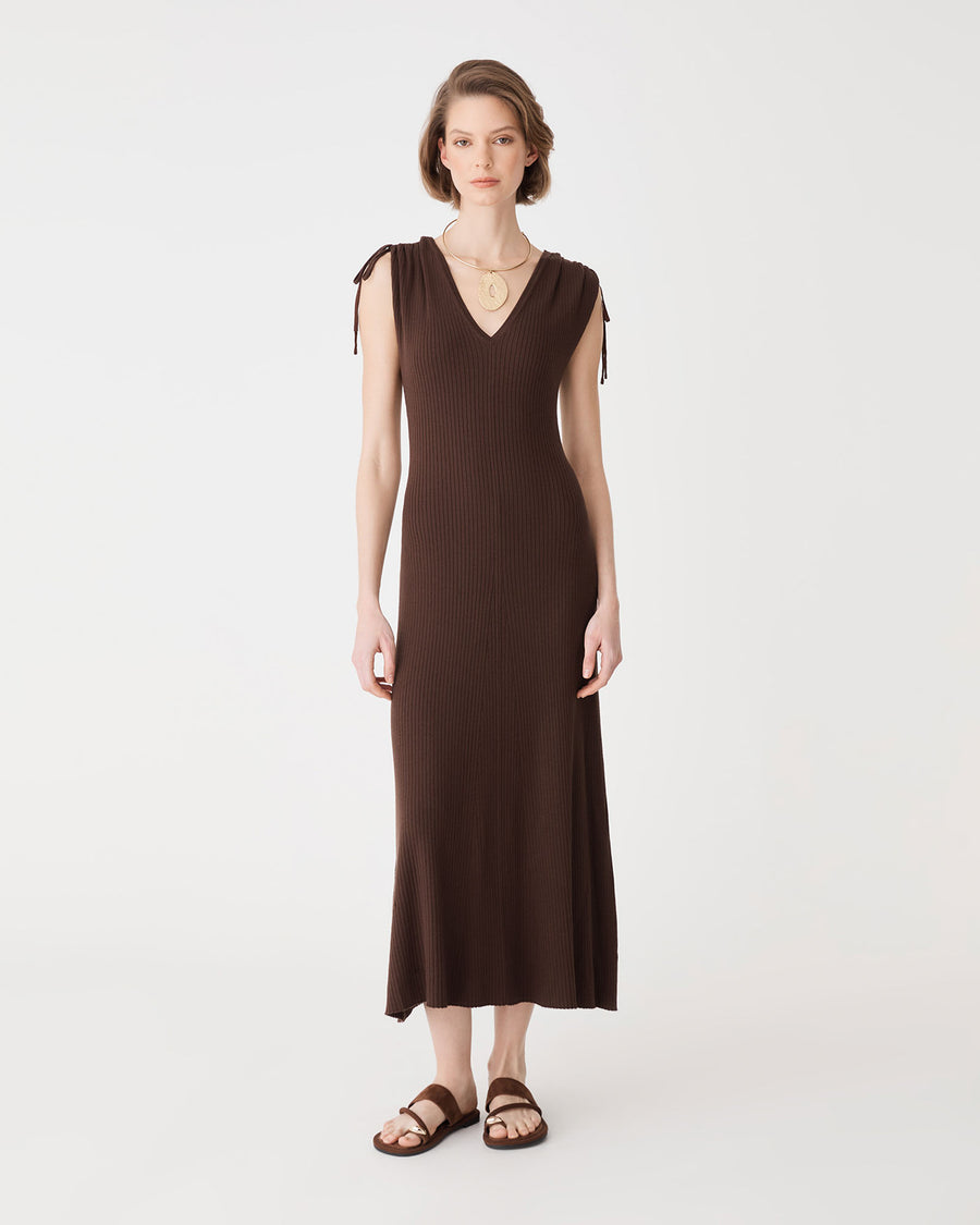 Briony Lyocell Rib Knit Dress in chocolate — full-length view