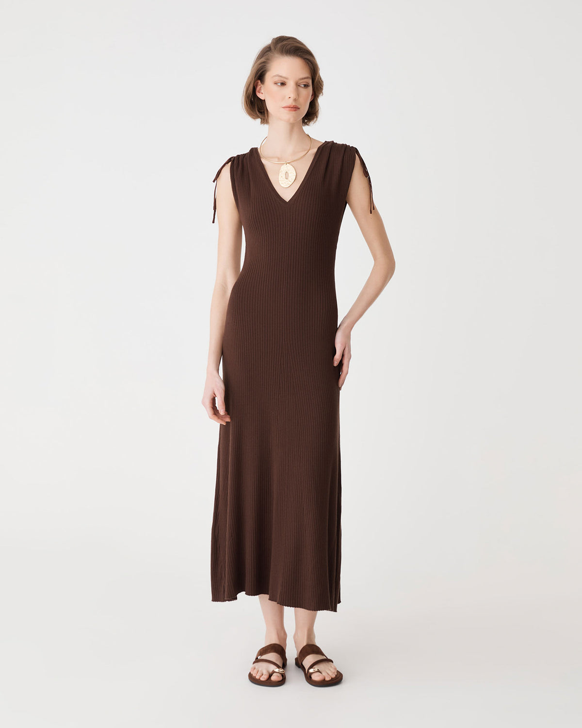Briony Lyocell Rib Knit Dress in chocolate — full-length view 2