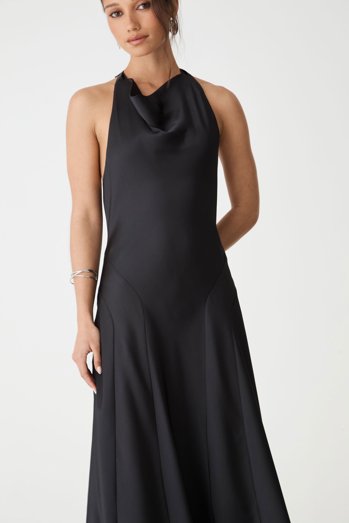 Santana Halter Satin Dress in black — fabric detail