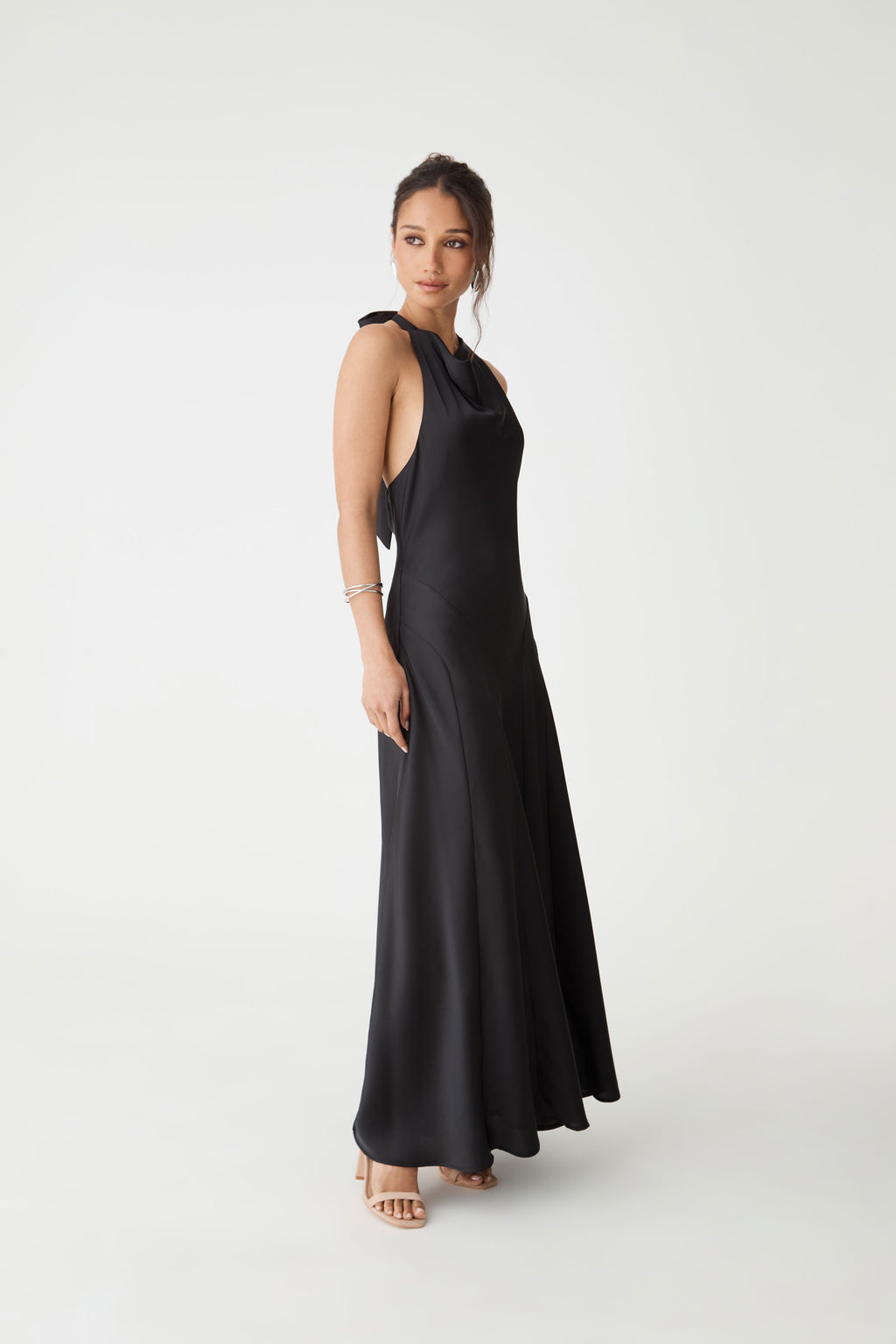 Santana Halter Satin Dress in black — side view