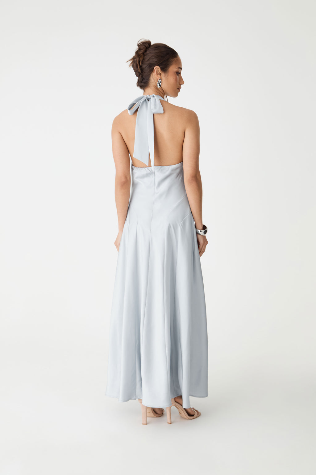Santana Halter Satin Dress in powder blue — back view