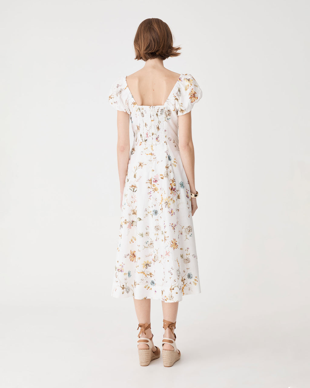 Katie Puff Sleeve A-Line Dress in ivory floral — back view
