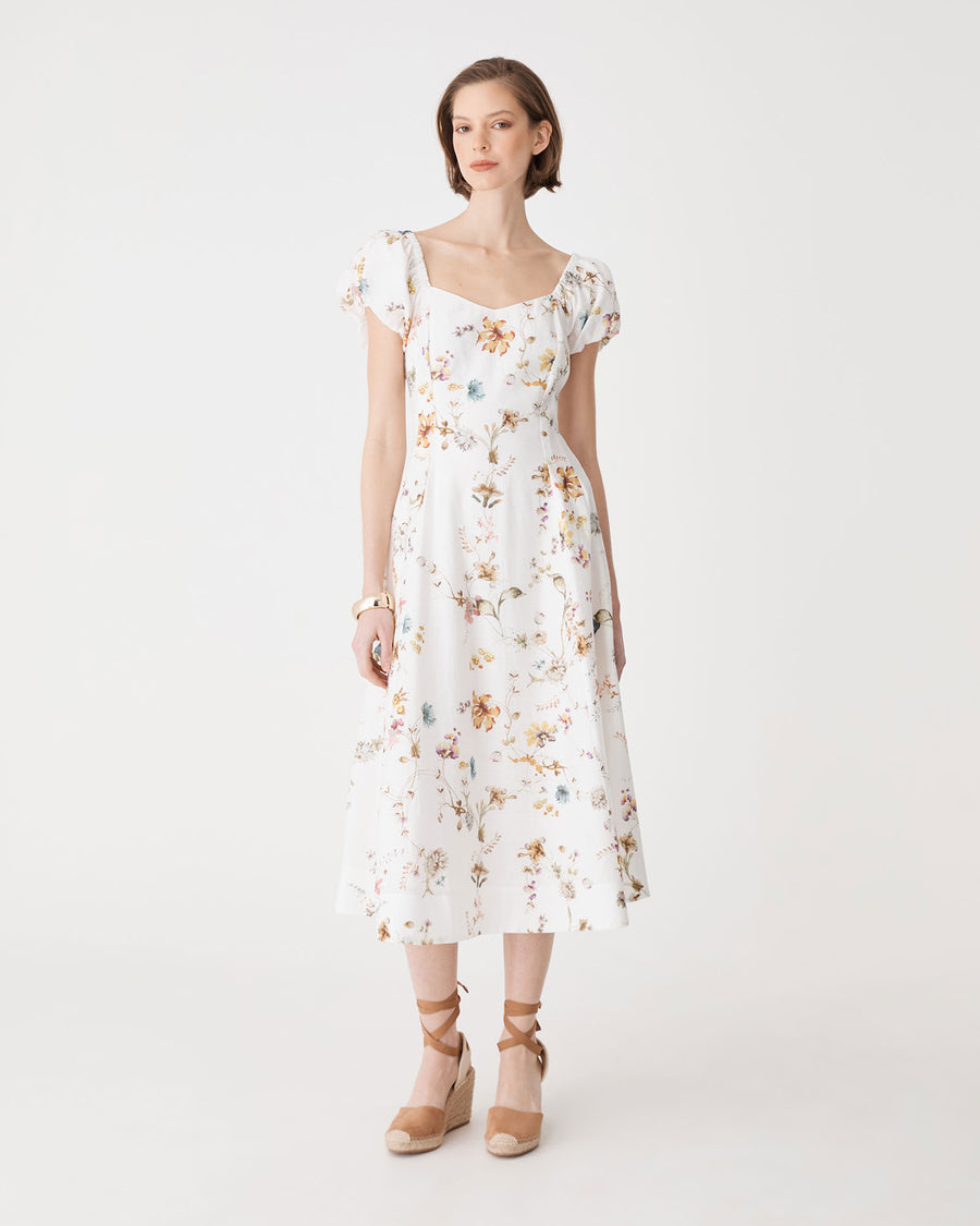 Katie Puff Sleeve A-Line Dress in ivory floral — full-length view