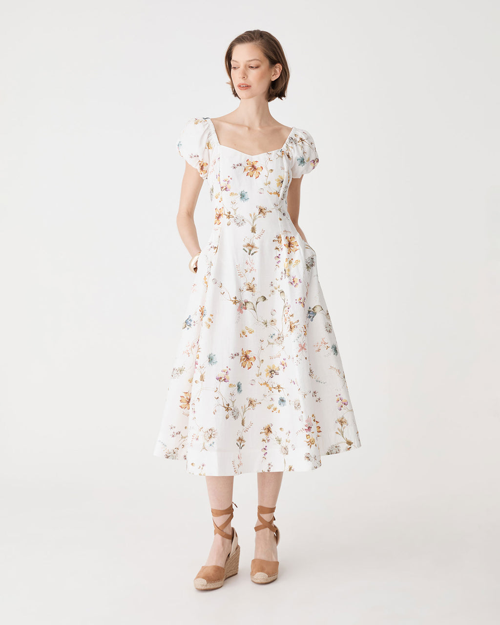Katie Puff Sleeve A-Line Dress in ivory floral — full-length view 2