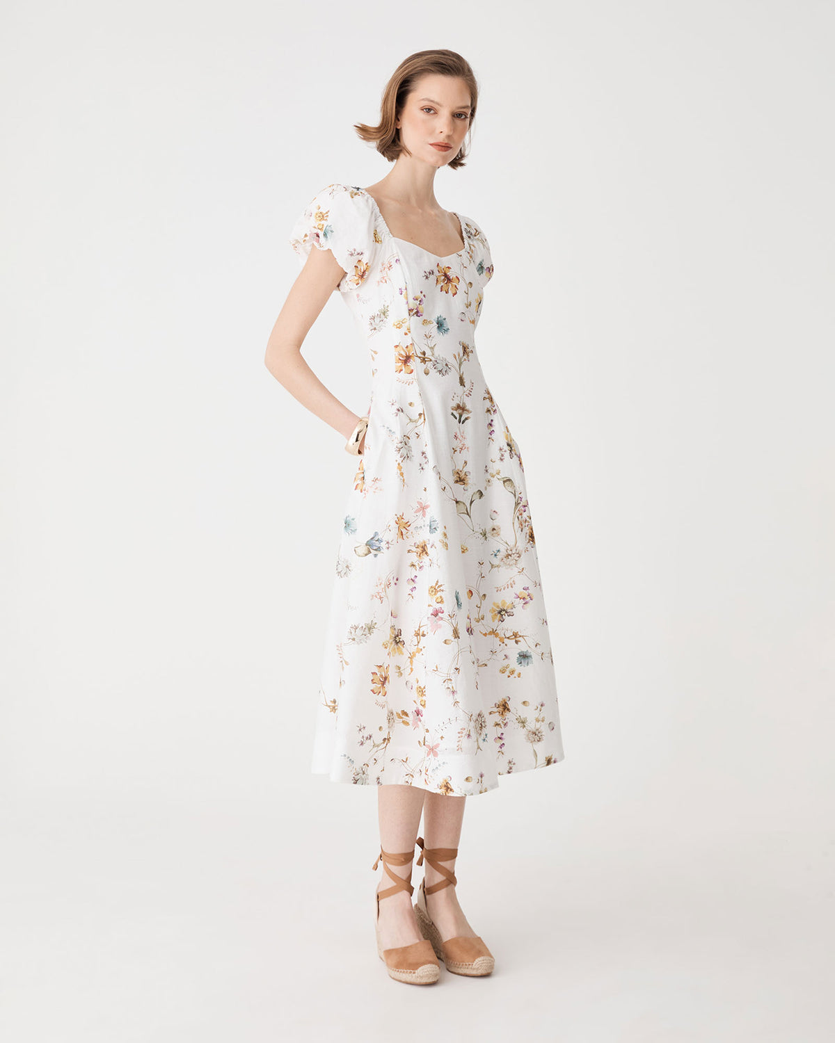 Katie Puff Sleeve A-Line Dress in ivory floral — side view