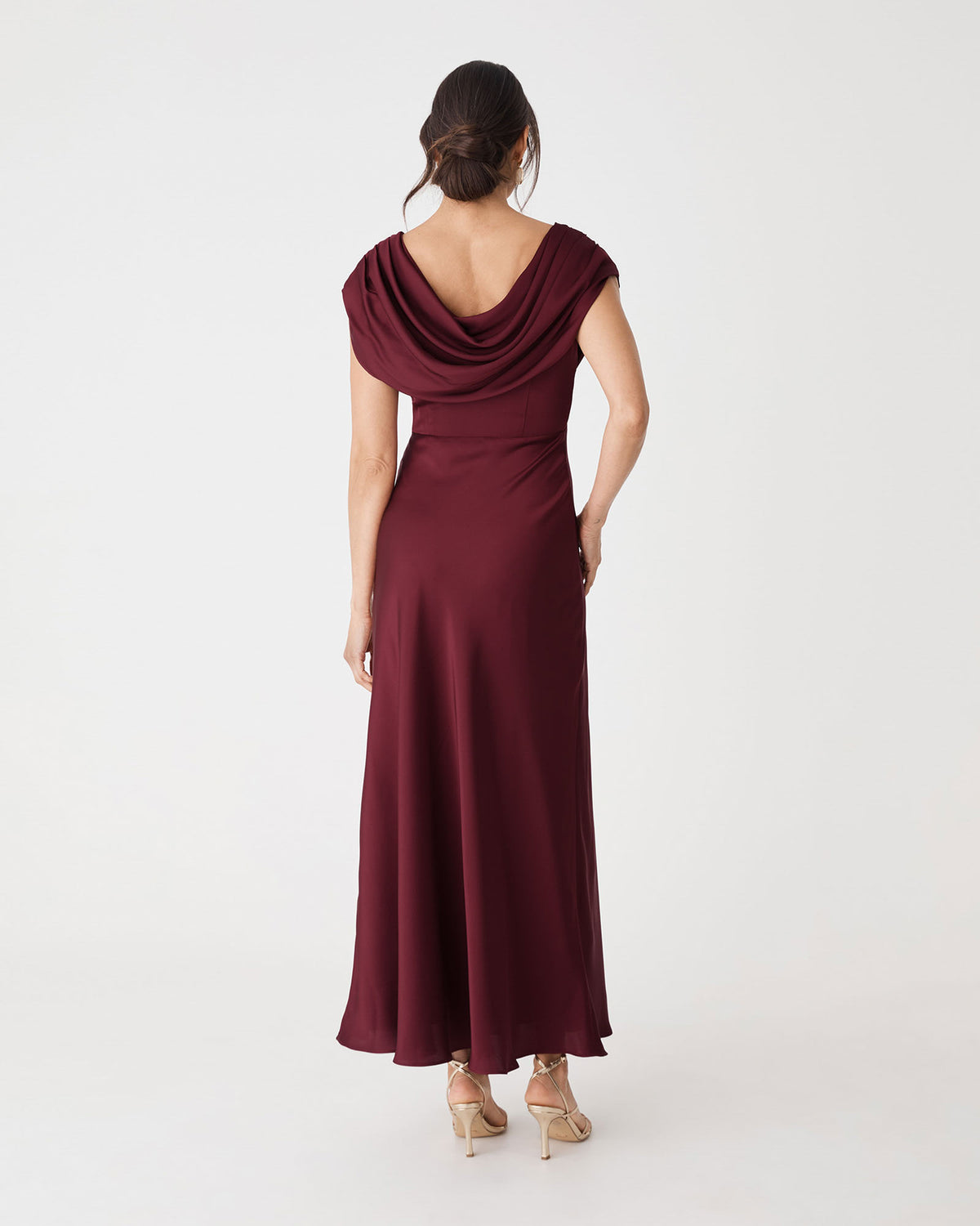 Caroline Cowl Satin Dress in rhubarb — back view